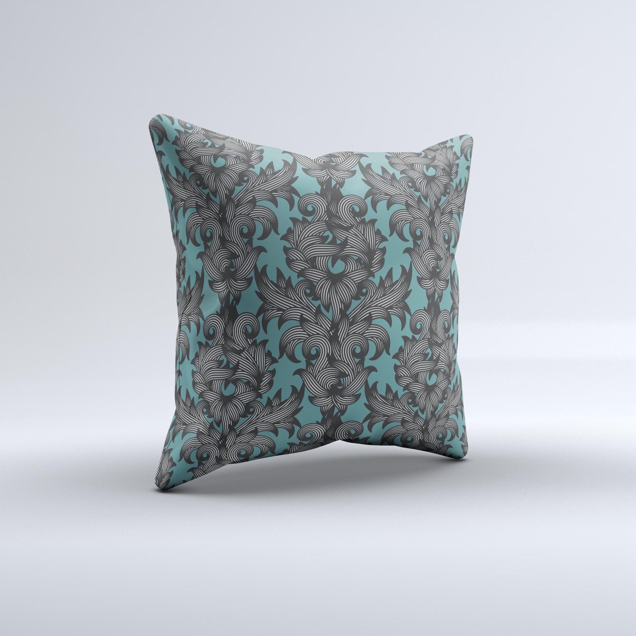 Teal Leaf Foliage Pattern decorative throw pillow with intricate leaf design, showcasing vibrant teal colors and high-quality fabric.