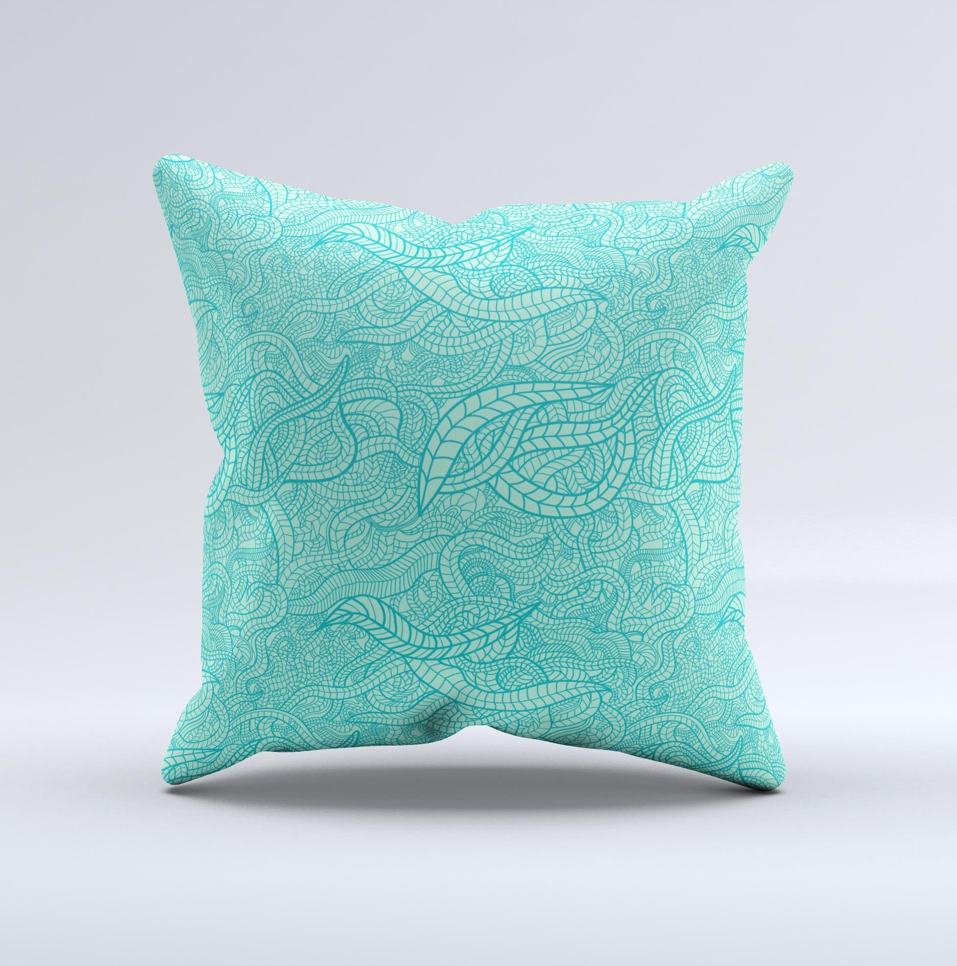 Teal Leaf Laced Pattern ink-Fuzed Decorative Throw Pillow showcasing a unique teal leaf design on a high-quality fabric.