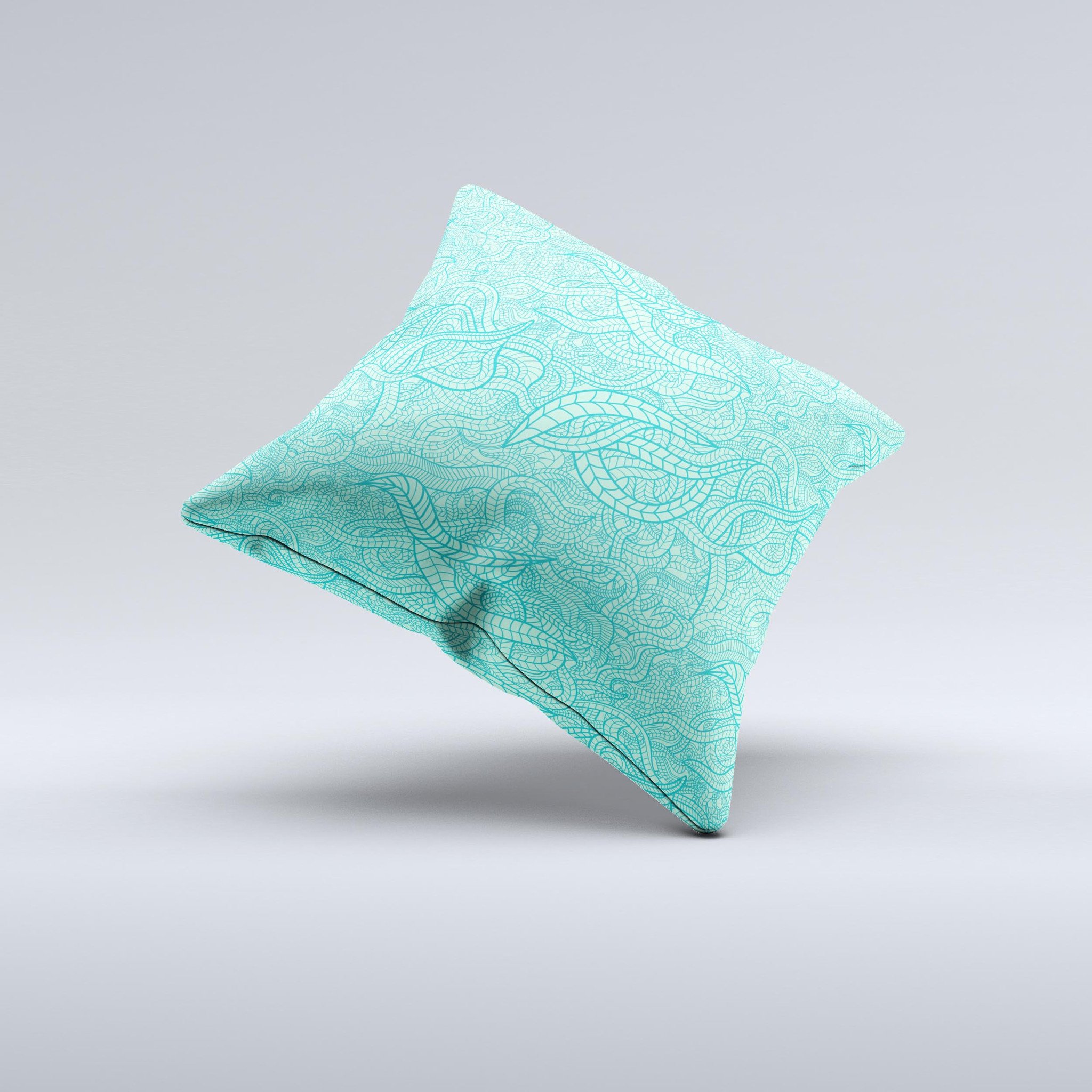 Teal Leaf Laced Pattern ink-Fuzed Decorative Throw Pillow showcasing a unique teal leaf design on a high-quality fabric.