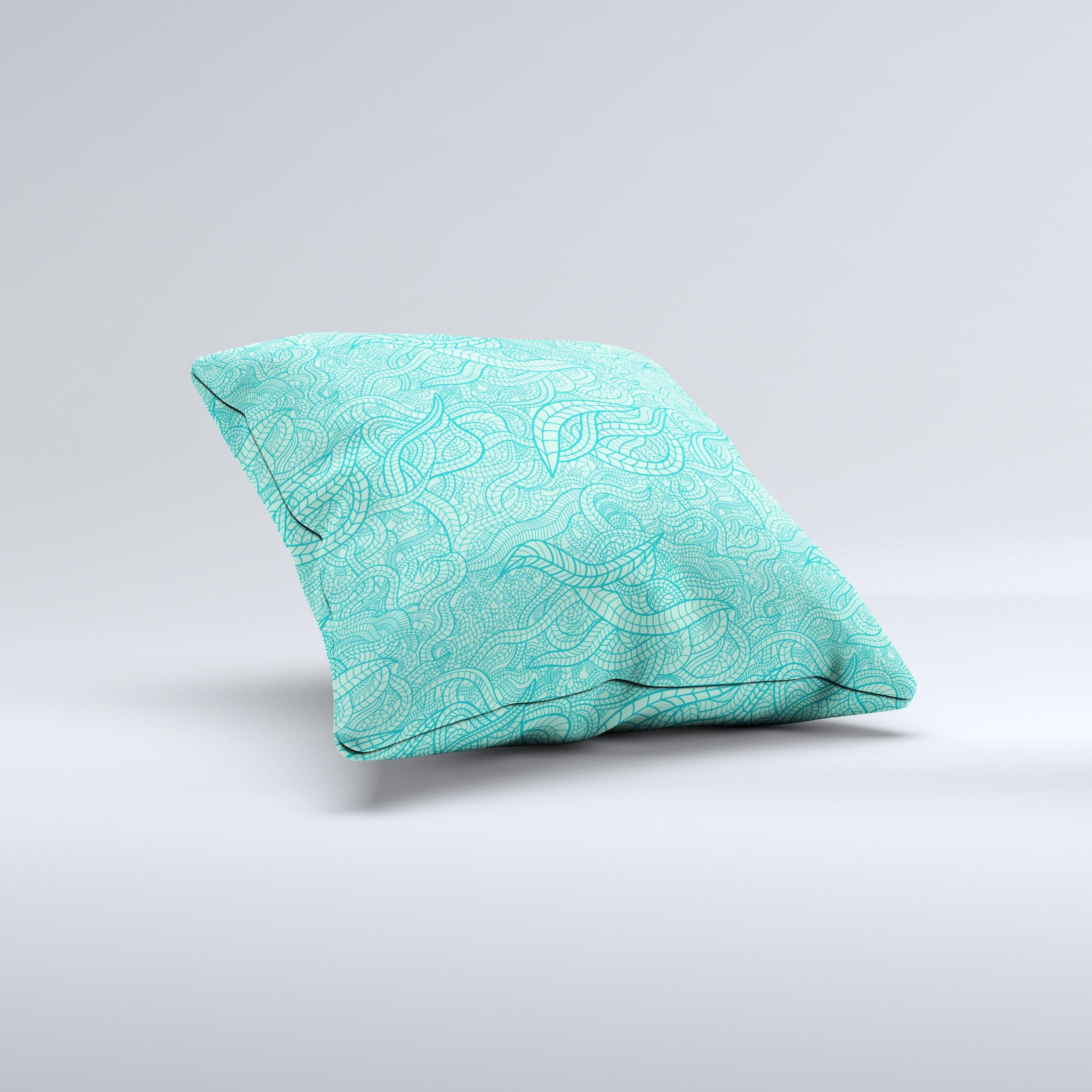 Teal Leaf Laced Pattern ink-Fuzed Decorative Throw Pillow showcasing a unique teal leaf design on a high-quality fabric.