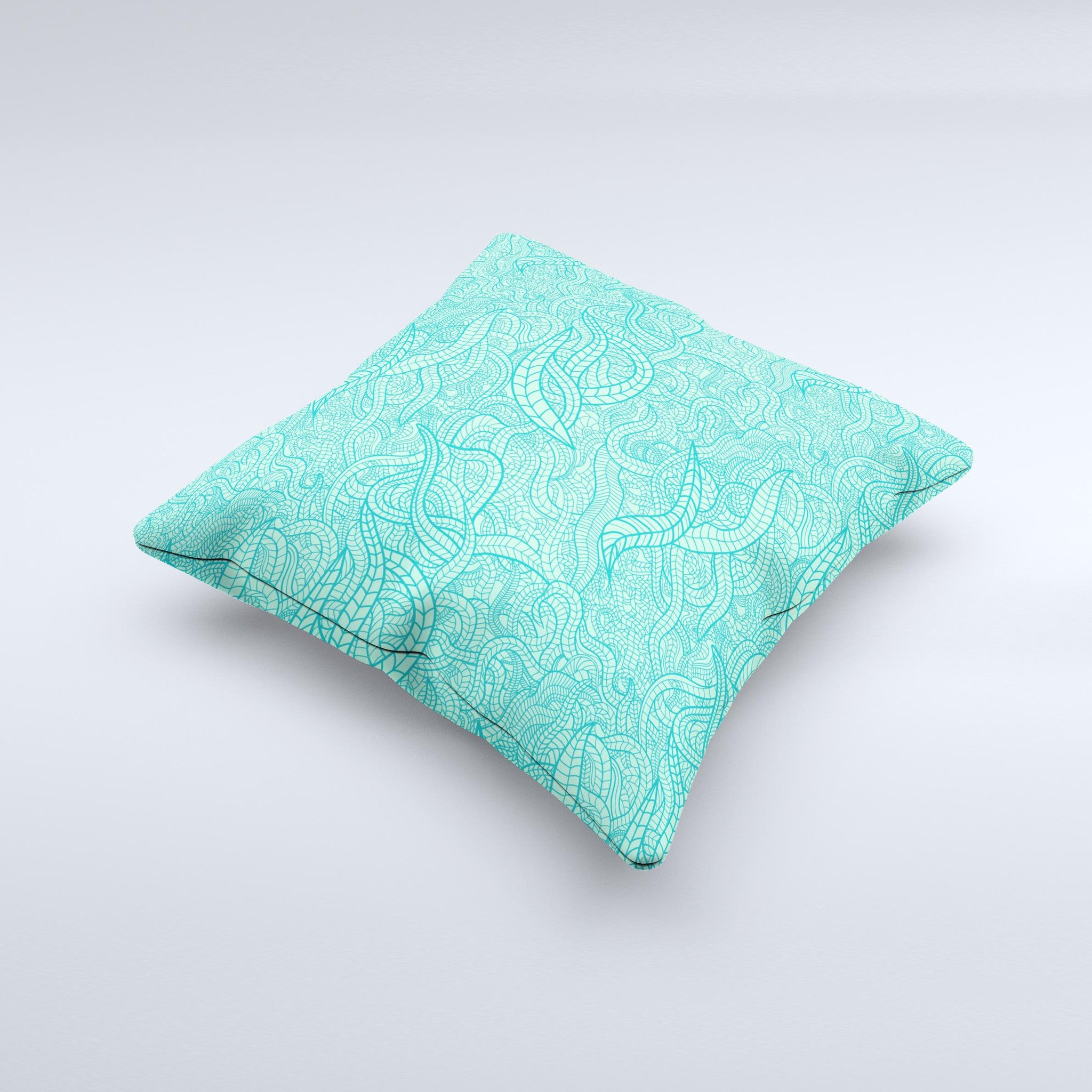 Teal Leaf Laced Pattern ink-Fuzed Decorative Throw Pillow showcasing a unique teal leaf design on a high-quality fabric.