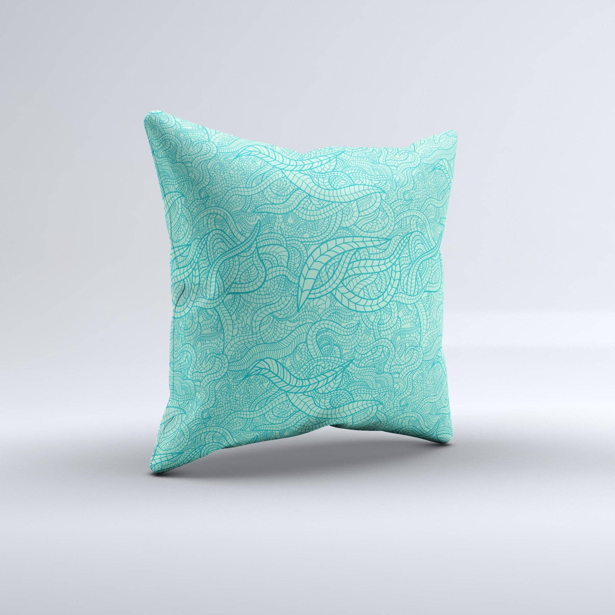 Teal Leaf Laced Pattern ink-Fuzed Decorative Throw Pillow showcasing a unique teal leaf design on a high-quality fabric.