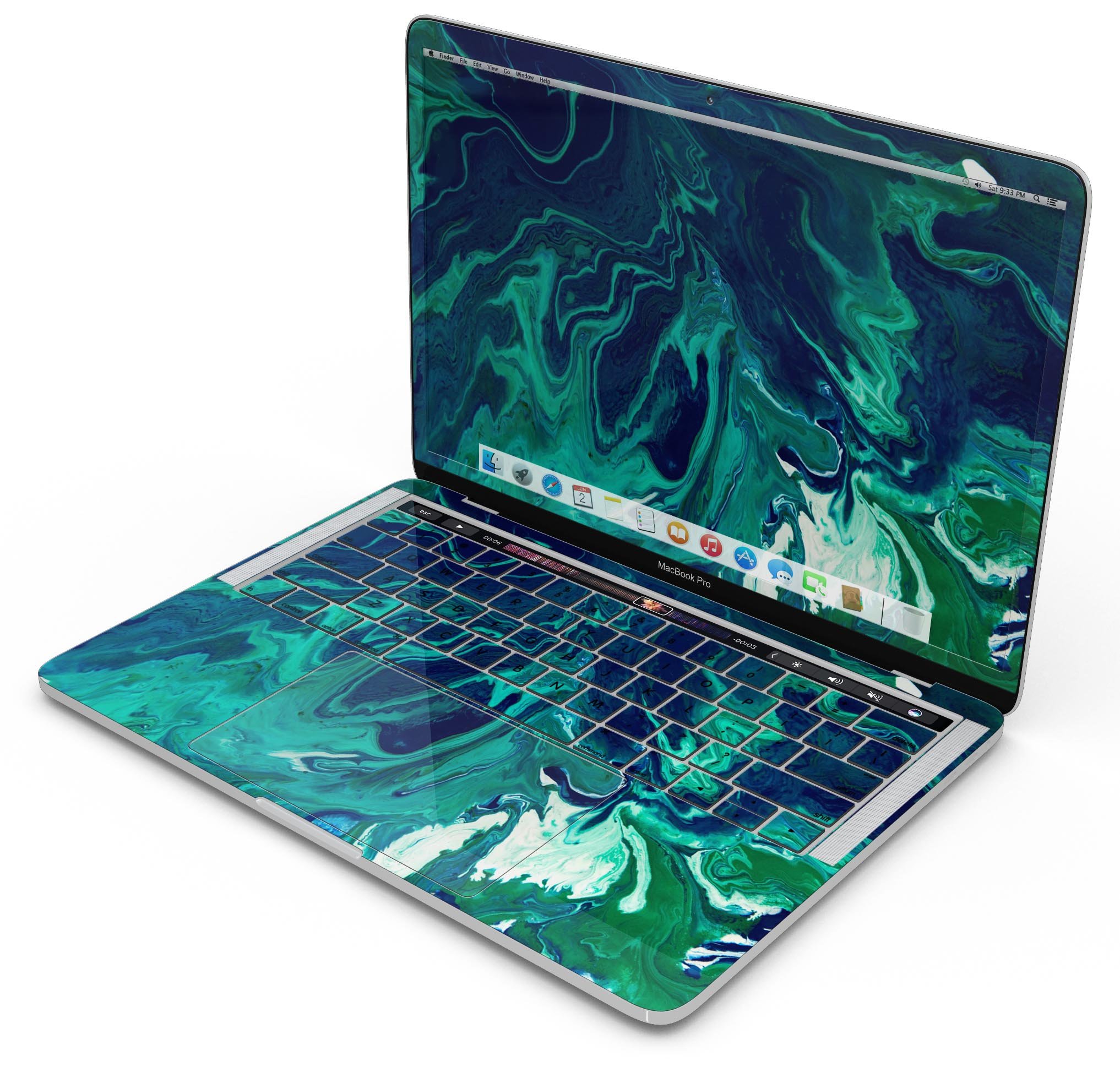 Teal Oil Mixture Skin Decal Wrap Kit for Apple MacBook, showcasing a sleek design and premium vinyl material.