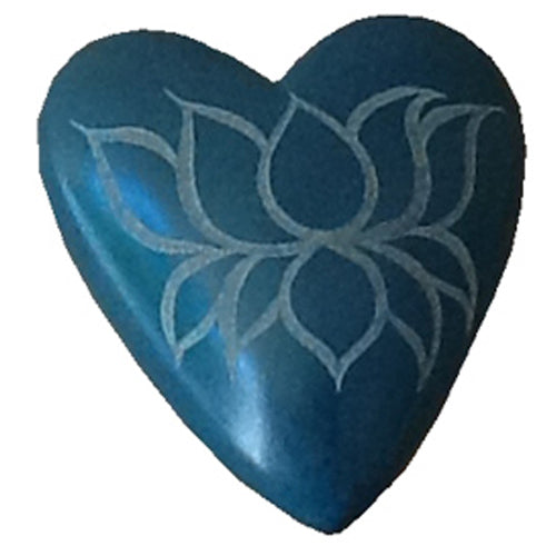 Teal Soapstone Heart with etched lotus design, handcrafted by Haitian artisans, showcasing intricate details and vibrant color.