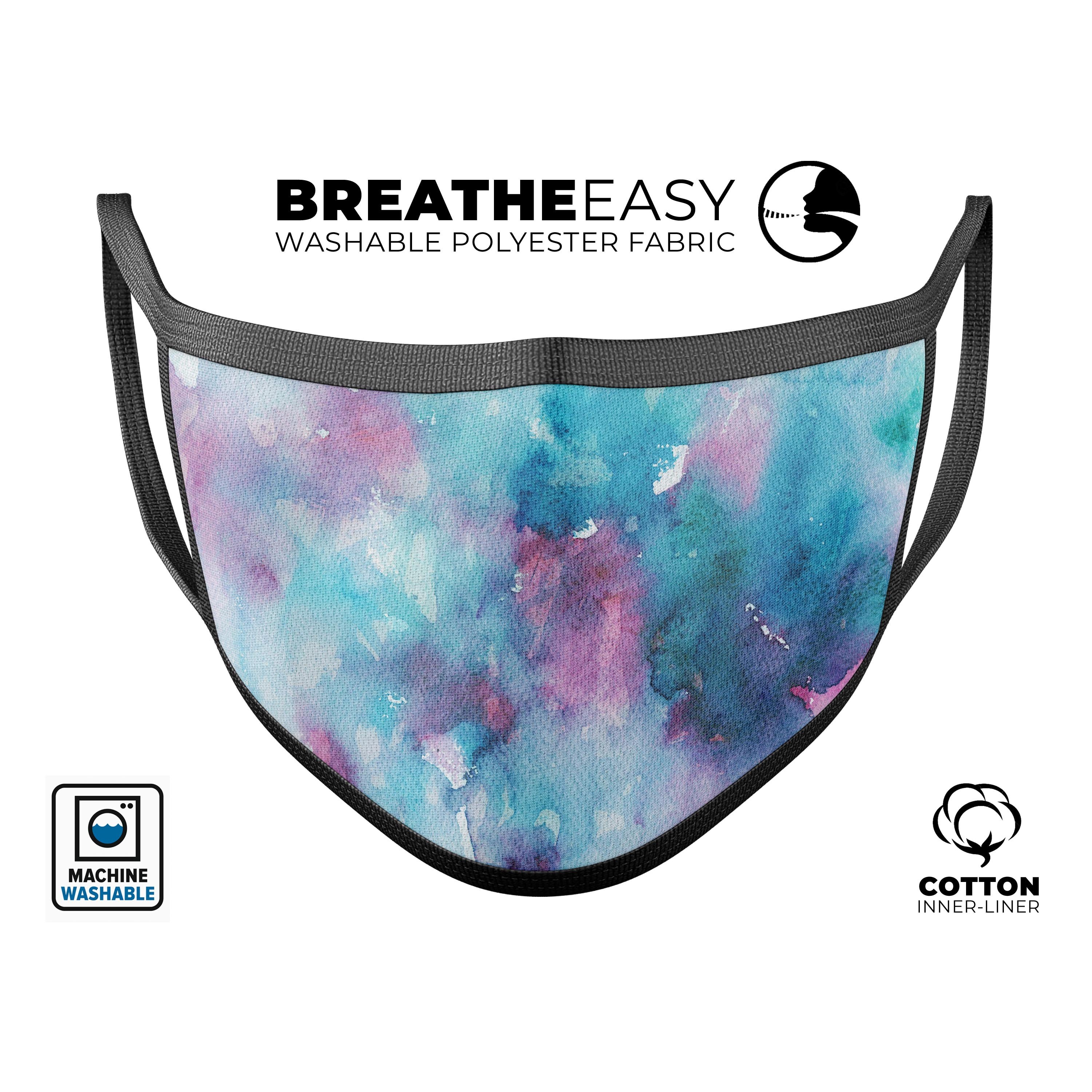 Teal to Pink 434 Watercolor Texture reusable face mask, showcasing vibrant colors and adjustable ear loops for a comfortable fit.