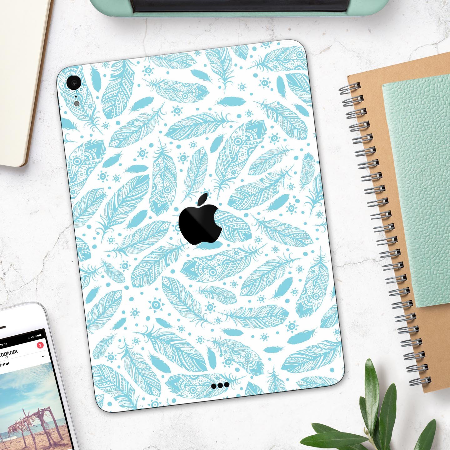 Teal Zendoodle Feathers skin decal for Apple iPad Pro, showcasing intricate feather patterns and vibrant colors.