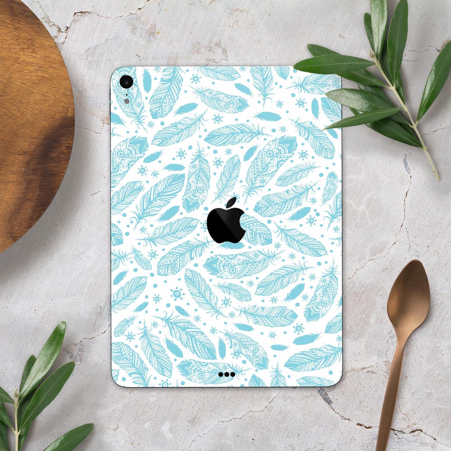 Teal Zendoodle Feathers skin decal for Apple iPad Pro, showcasing intricate feather patterns and vibrant colors.