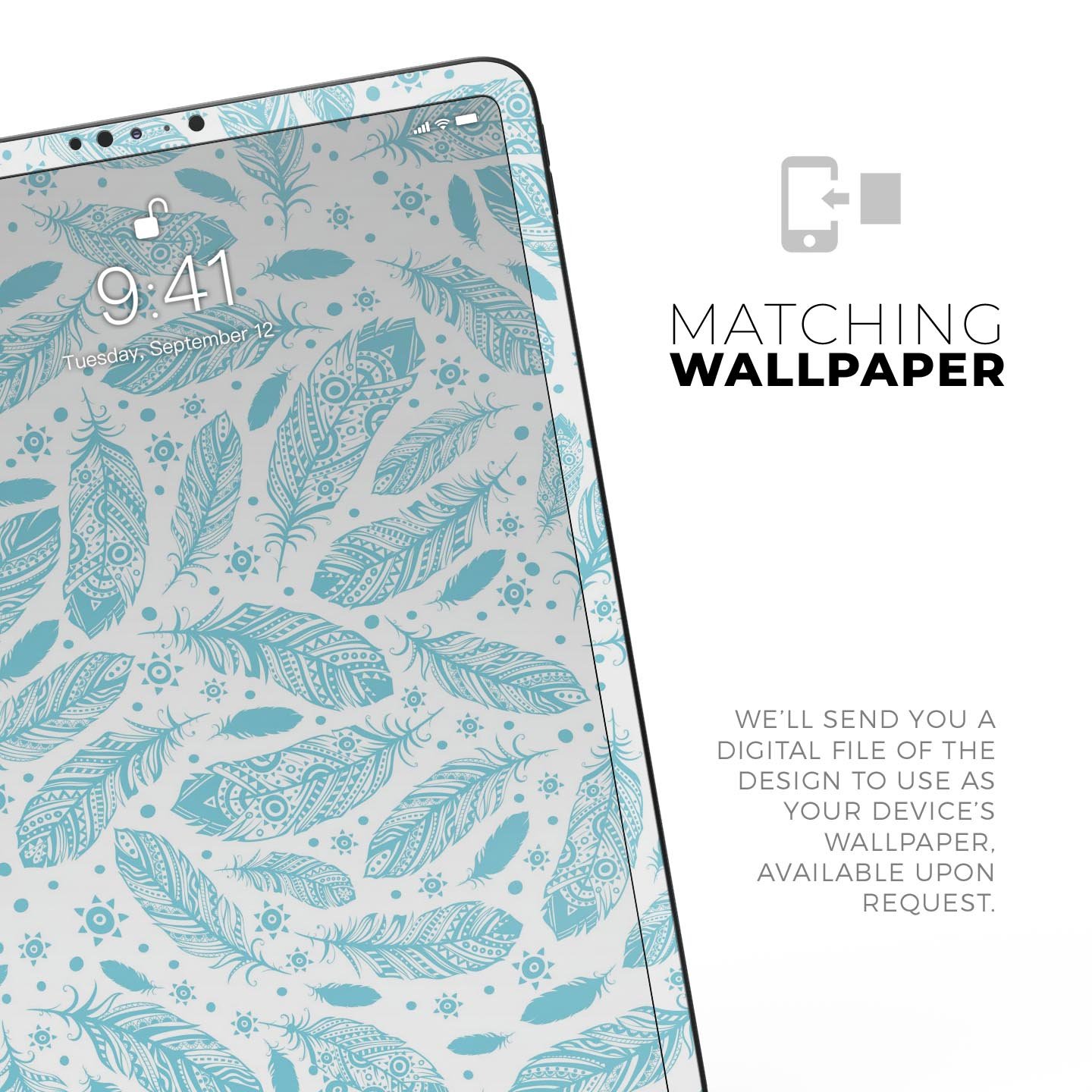 Teal Zendoodle Feathers skin decal for Apple iPad Pro, showcasing intricate feather patterns and vibrant colors.