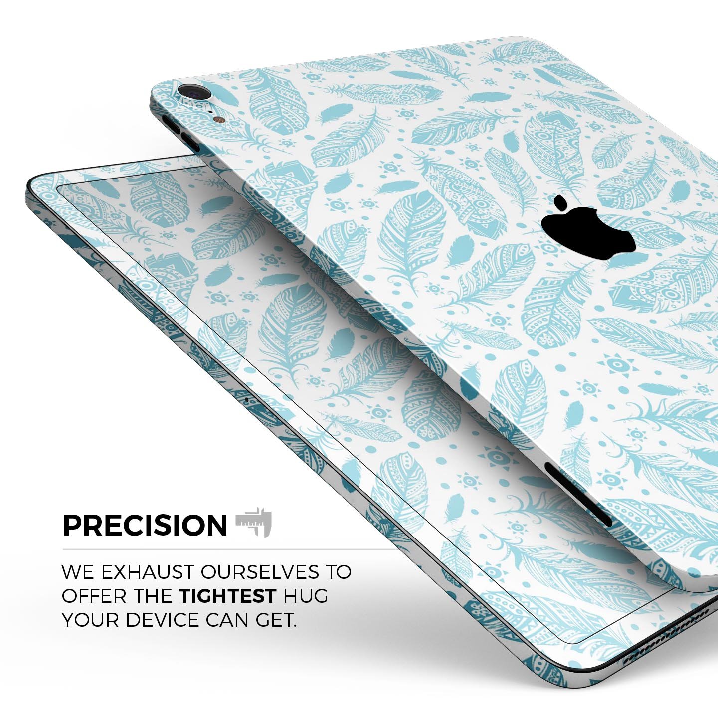 Teal Zendoodle Feathers skin decal for Apple iPad Pro, showcasing intricate feather patterns and vibrant colors.