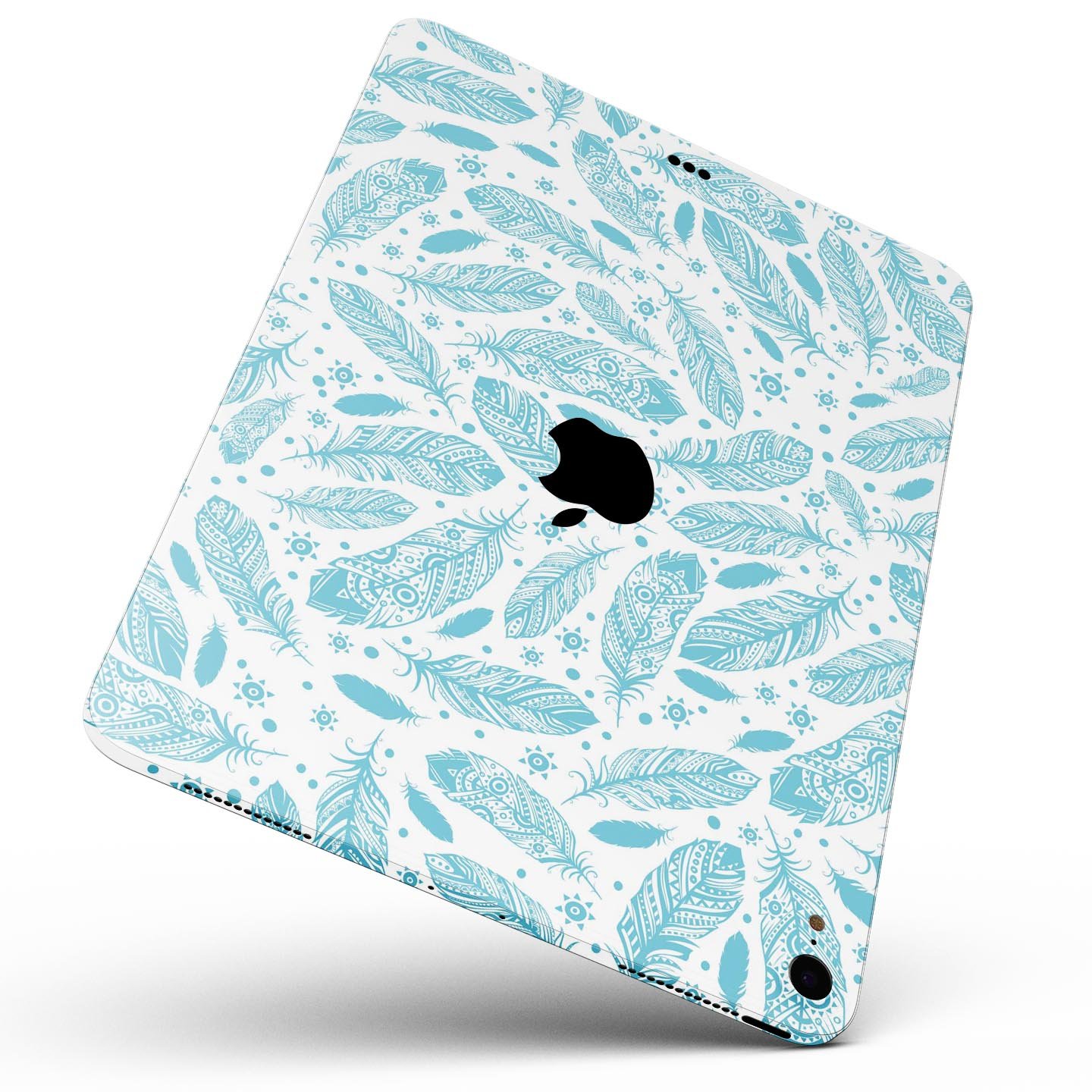 Teal Zendoodle Feathers skin decal for Apple iPad Pro, showcasing intricate feather patterns and vibrant colors.