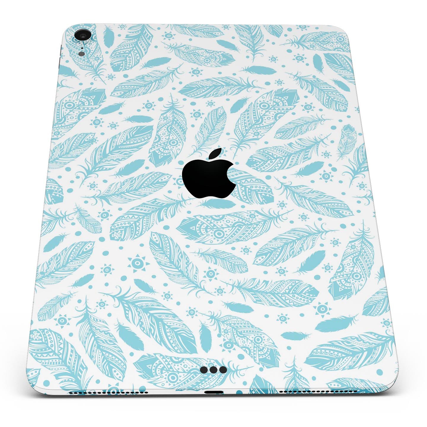 Teal Zendoodle Feathers skin decal for Apple iPad Pro, showcasing intricate feather patterns and vibrant colors.