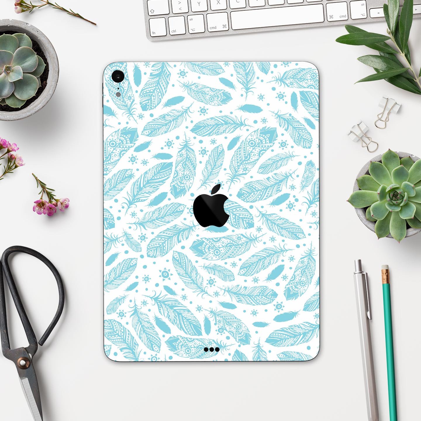 Teal Zendoodle Feathers skin decal for Apple iPad Pro, showcasing intricate feather patterns and vibrant colors.