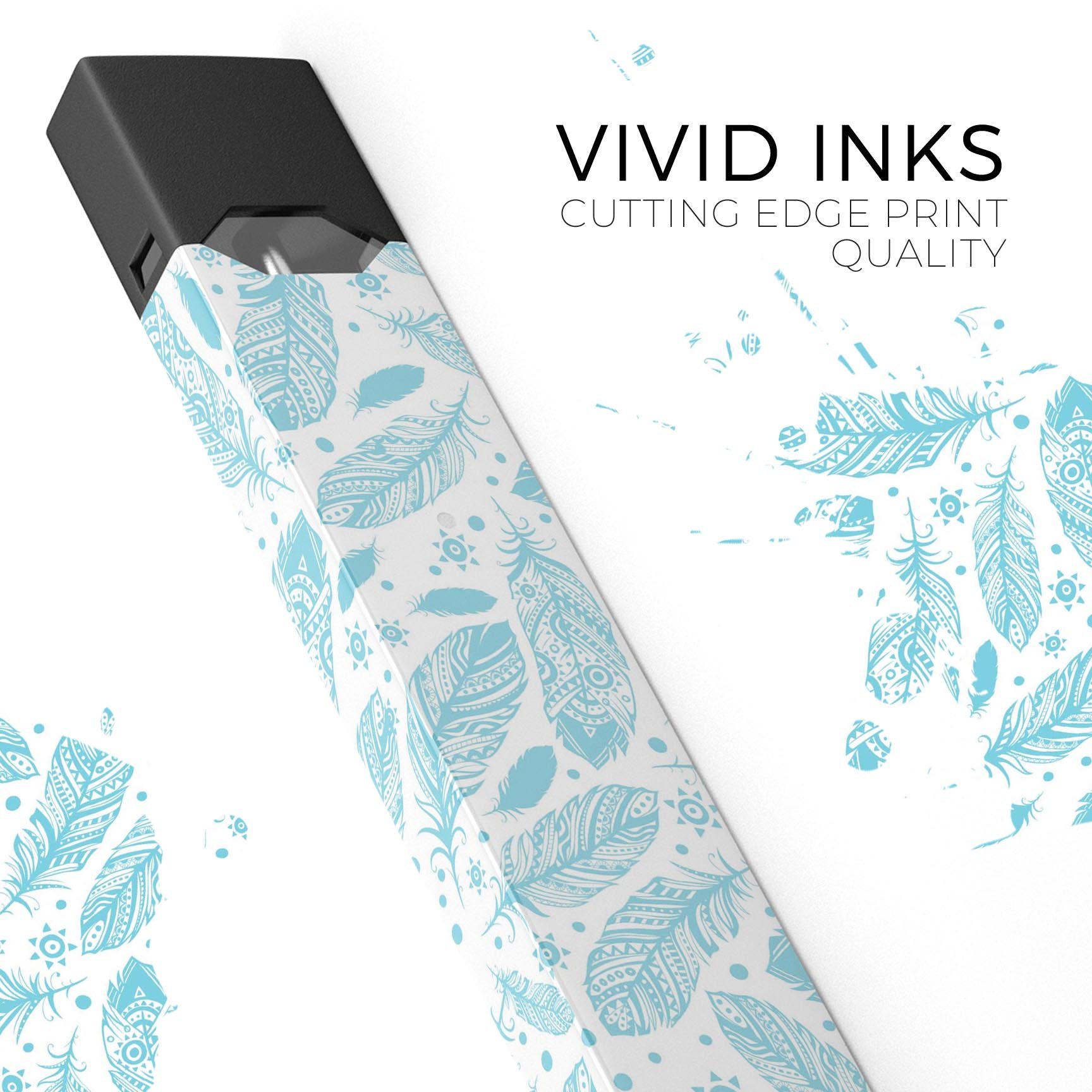 Teal Zendoodle Feathers skin-wrap sticker designed for JUUL vaping device, showcasing vibrant colors and intricate feather patterns.