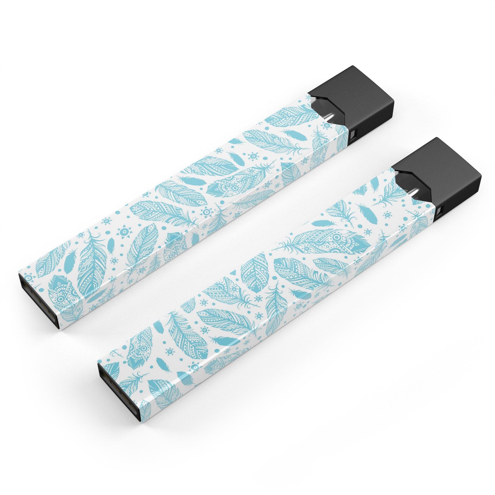 Teal Zendoodle Feathers skin-wrap sticker designed for JUUL vaping device, showcasing vibrant colors and intricate feather patterns.