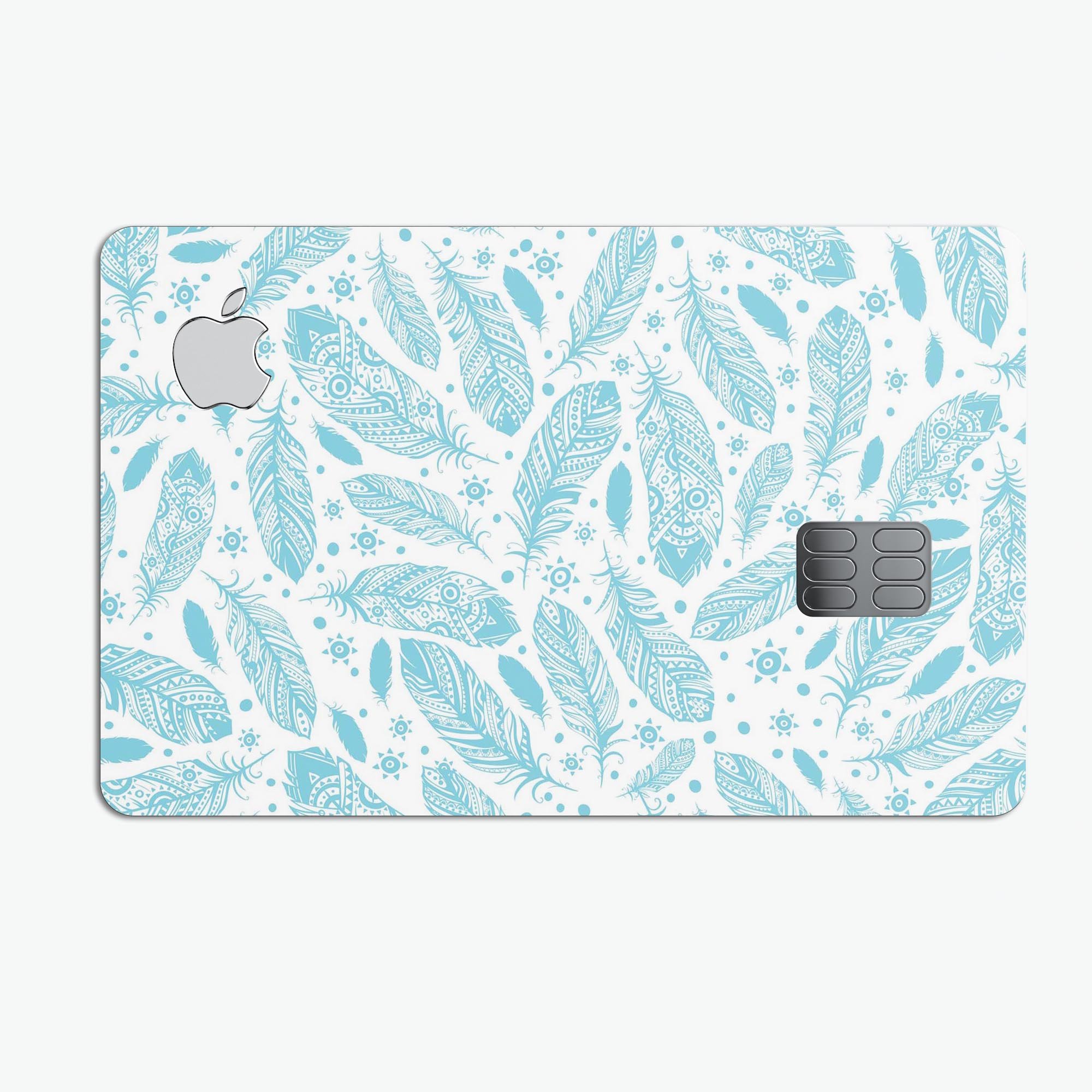 Teal Zendoodle Feathers decal skin applied to an Apple Card, showcasing vibrant design and premium finish.