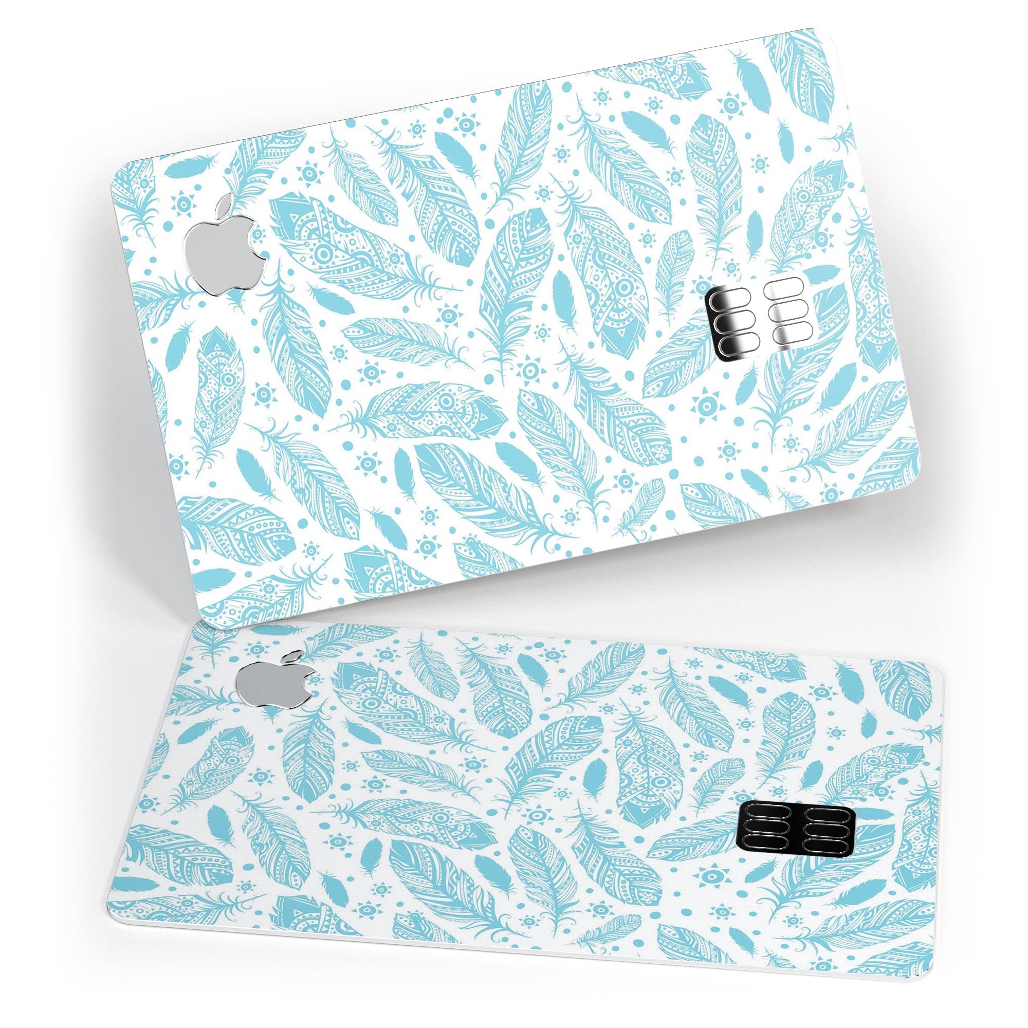 Teal Zendoodle Feathers decal skin applied to an Apple Card, showcasing vibrant design and premium finish.