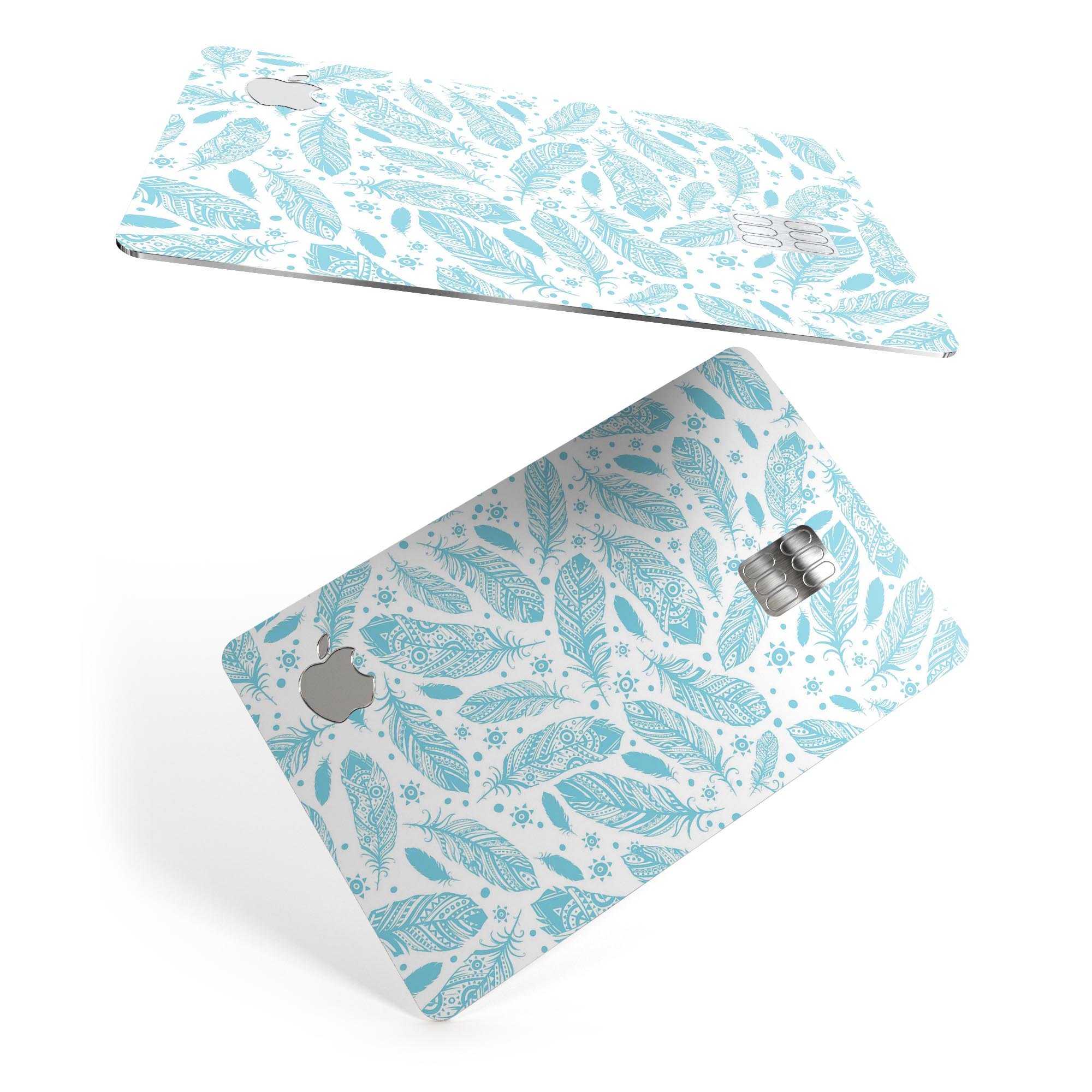 Teal Zendoodle Feathers decal skin applied to an Apple Card, showcasing vibrant design and premium finish.