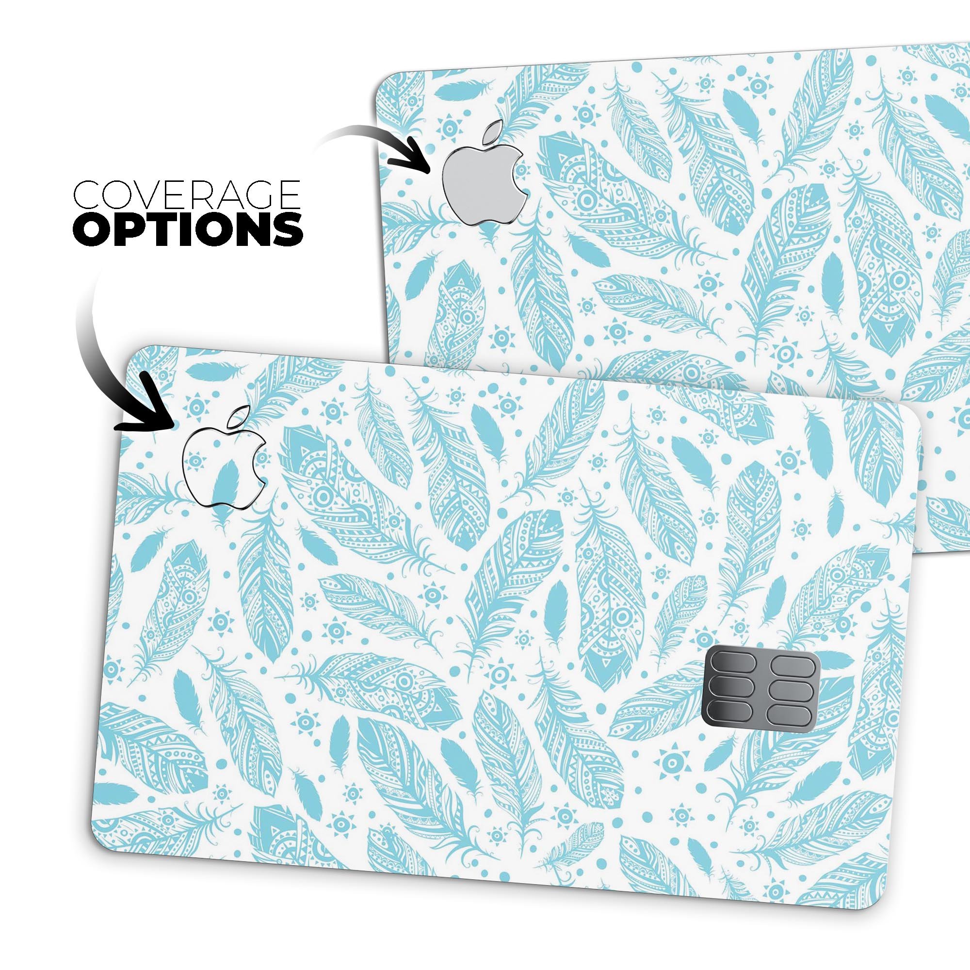 Teal Zendoodle Feathers decal skin applied to an Apple Card, showcasing vibrant design and premium finish.