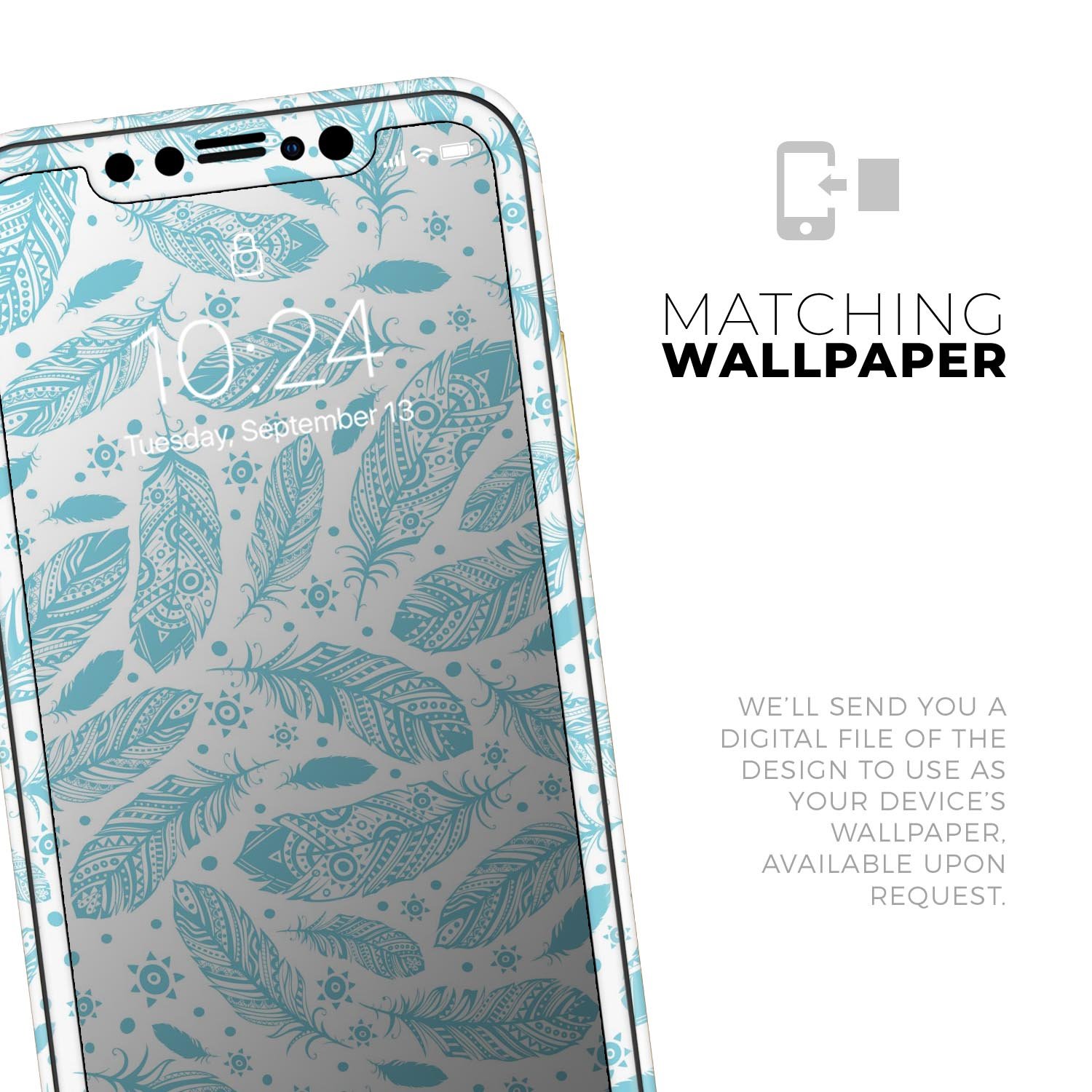 Teal Zendoodle Feathers skin for Apple iPhone, showcasing vibrant colors and intricate feather designs.