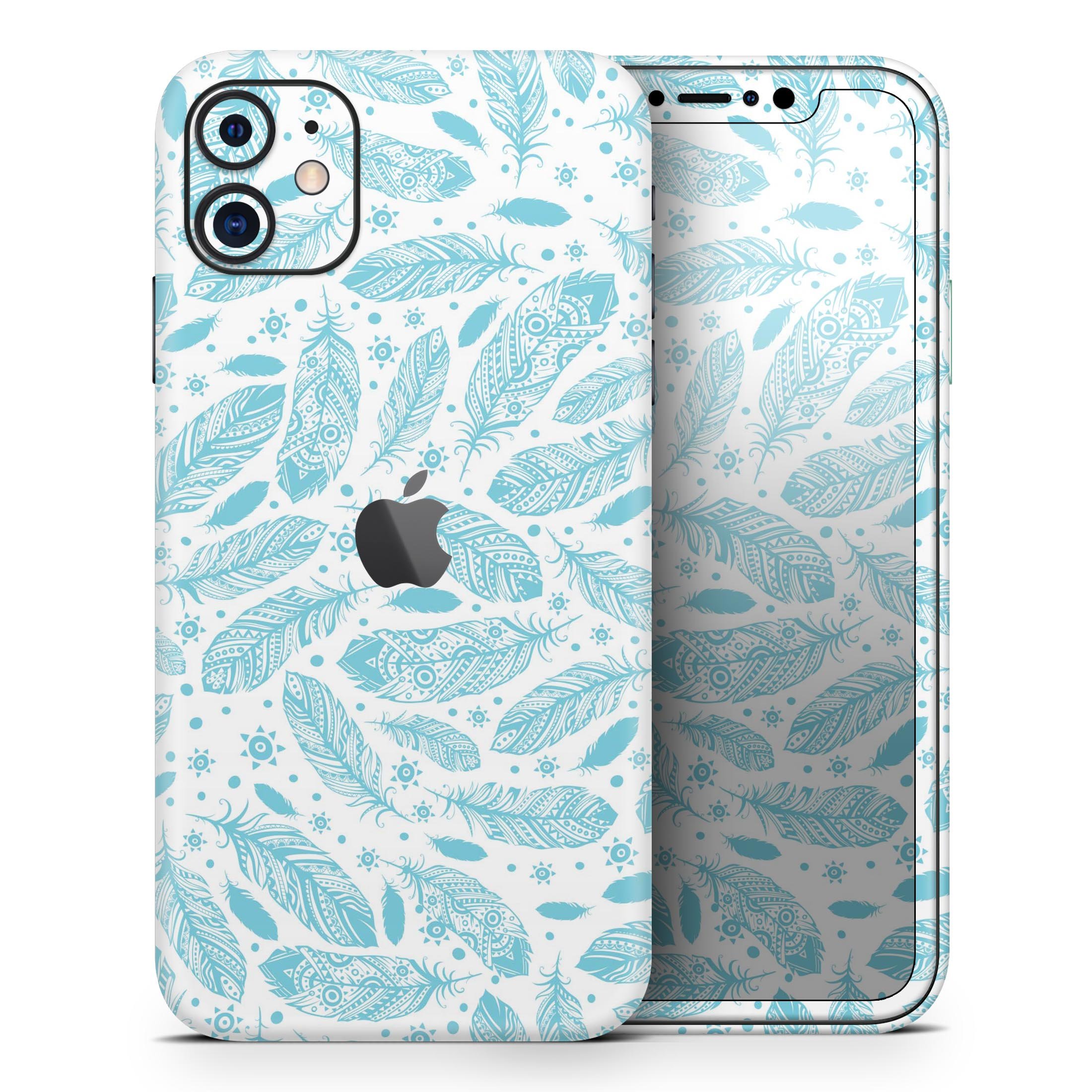 Teal Zendoodle Feathers skin for Apple iPhone, showcasing vibrant colors and intricate feather designs.