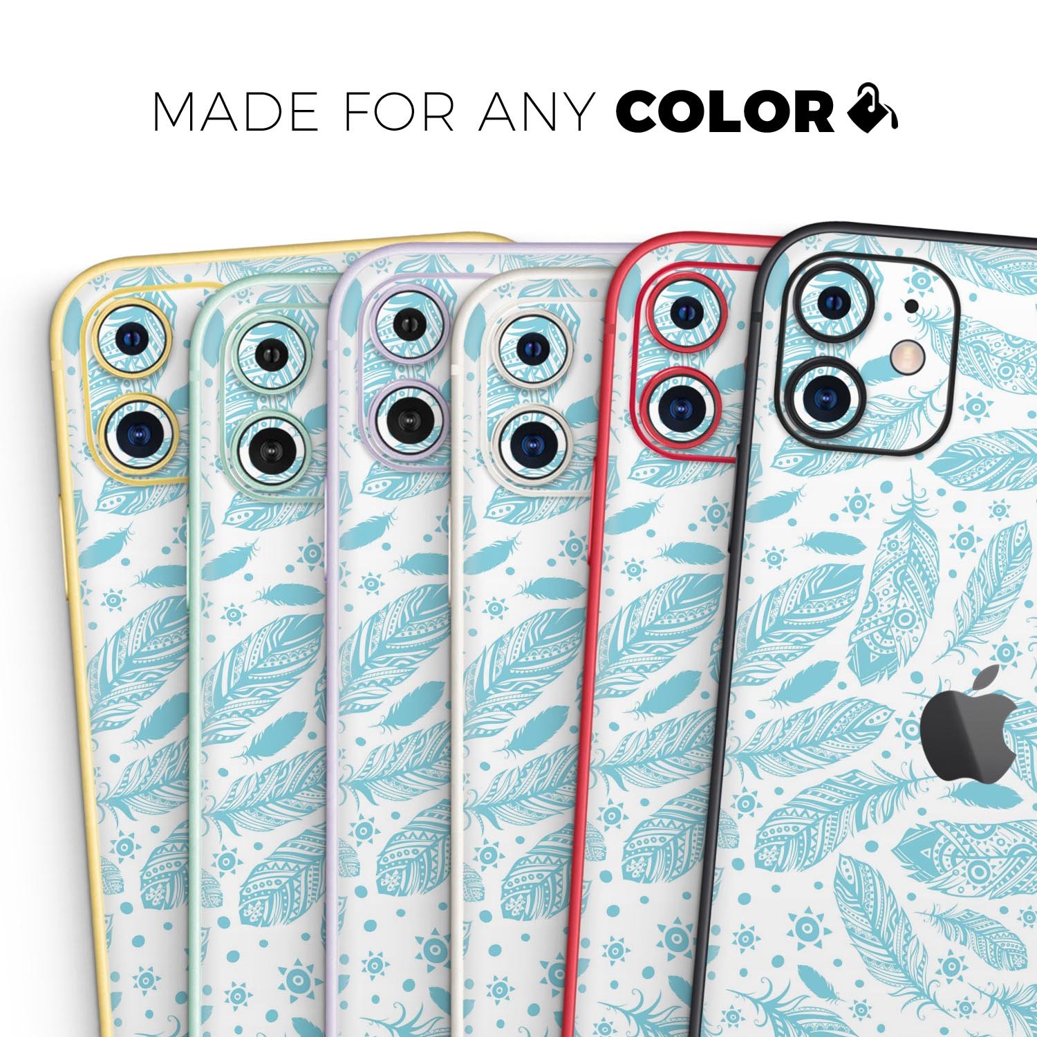 Teal Zendoodle Feathers skin for Apple iPhone, showcasing vibrant colors and intricate feather designs.