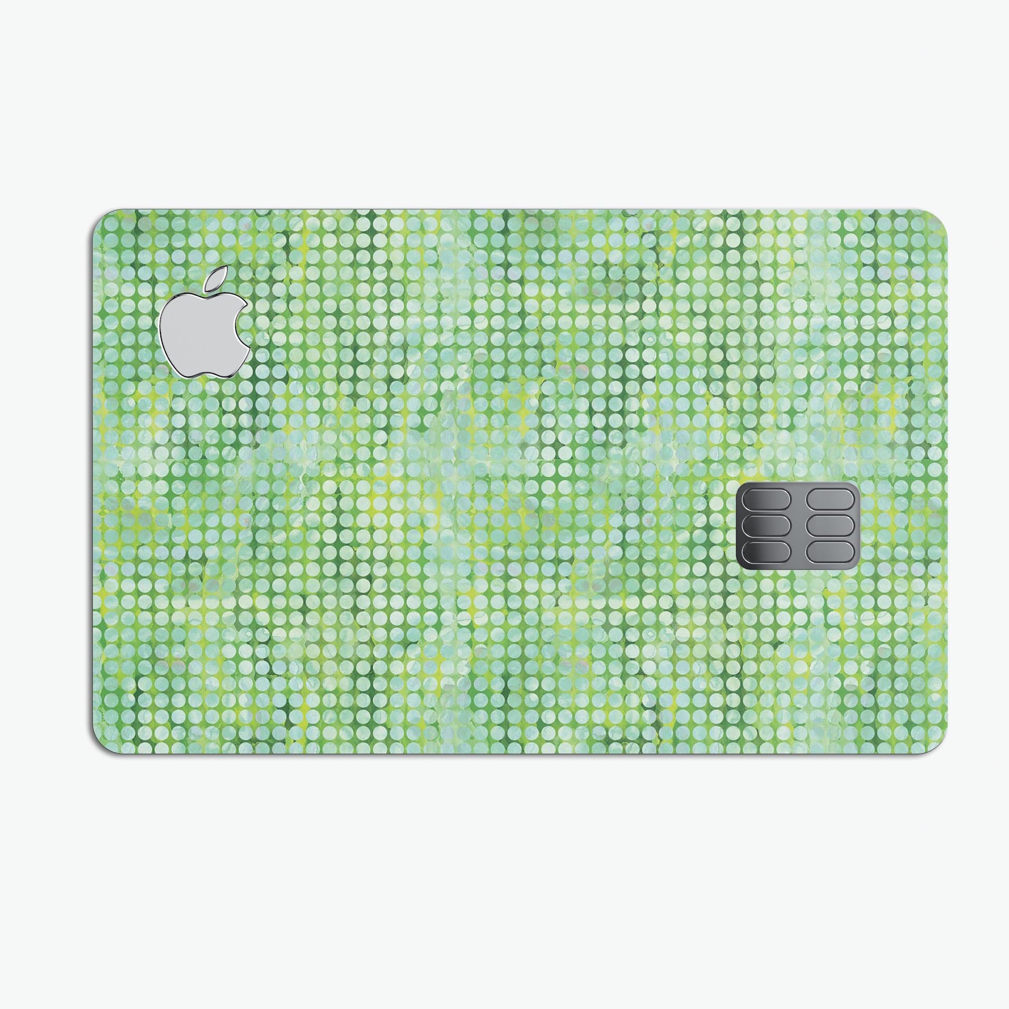 Teeny Tiny Green Watercolor Polka Dots decal on an Apple Card, showcasing vibrant colors and a stylish design.