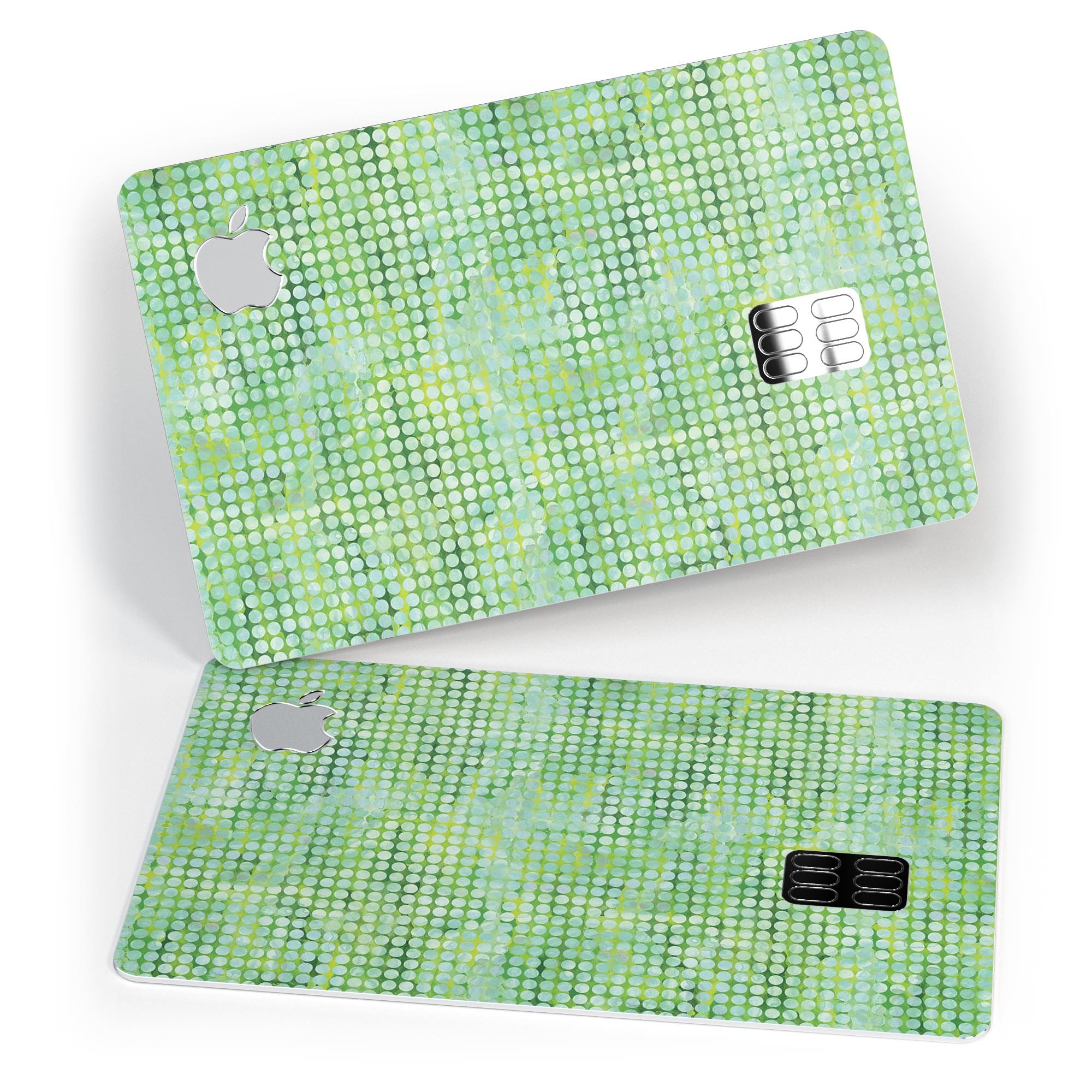 Teeny Tiny Green Watercolor Polka Dots decal on an Apple Card, showcasing vibrant colors and a stylish design.