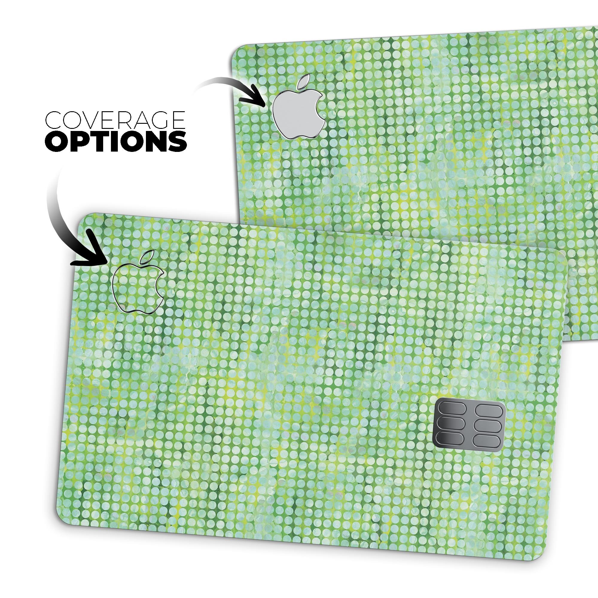 Teeny Tiny Green Watercolor Polka Dots decal on an Apple Card, showcasing vibrant colors and a stylish design.