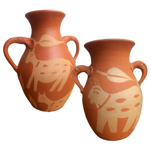 Terracotta Mithila Vase with Handles featuring intricate designs, handmade in Nepal, available in two sizes.