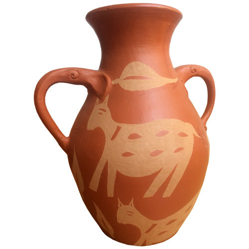 Terracotta Mithila Vase with Handles featuring intricate designs, handmade in Nepal, available in two sizes.