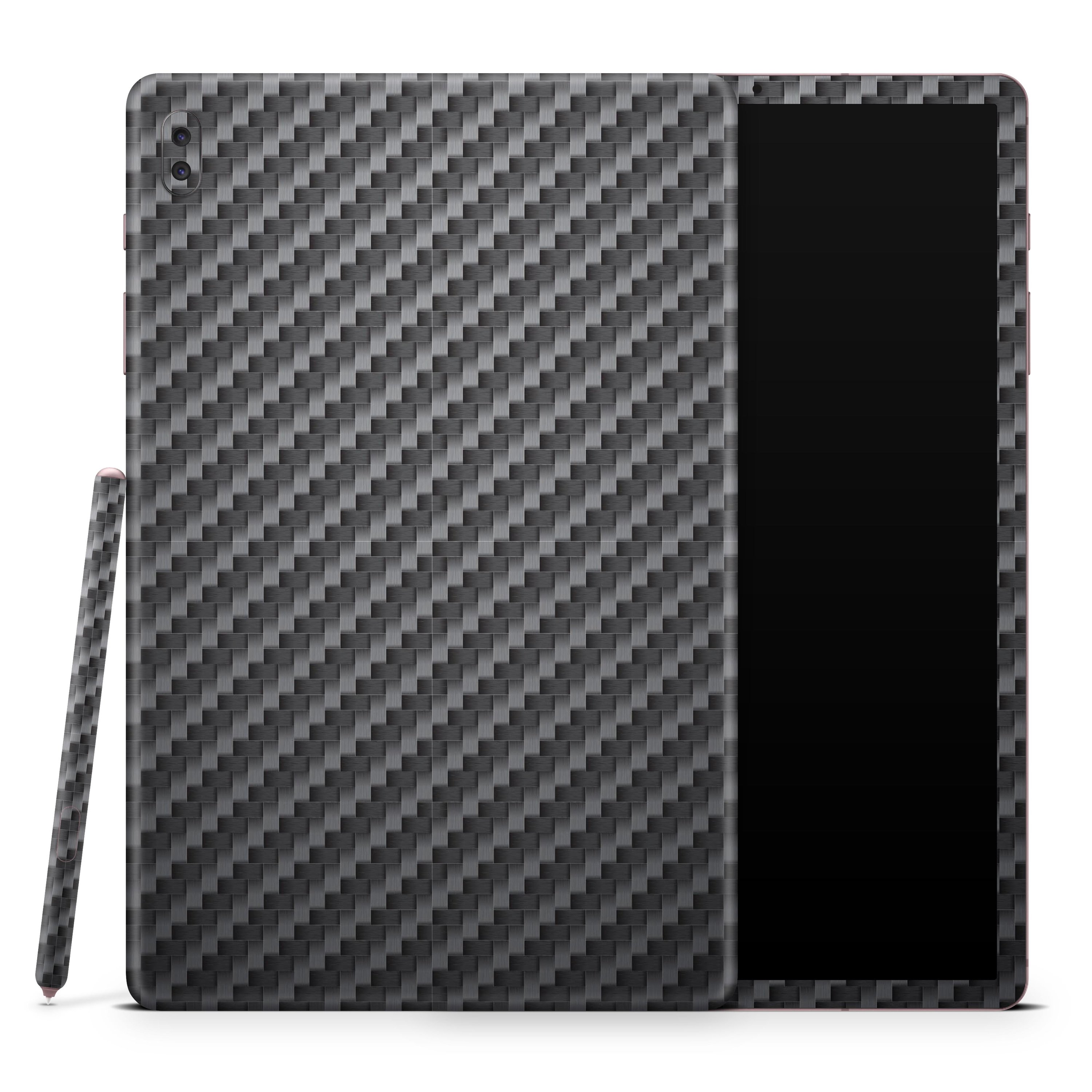 Textured Black Carbon Fiber skin decal wrap kit for Samsung Galaxy tablet, showcasing its sleek design and matte finish.