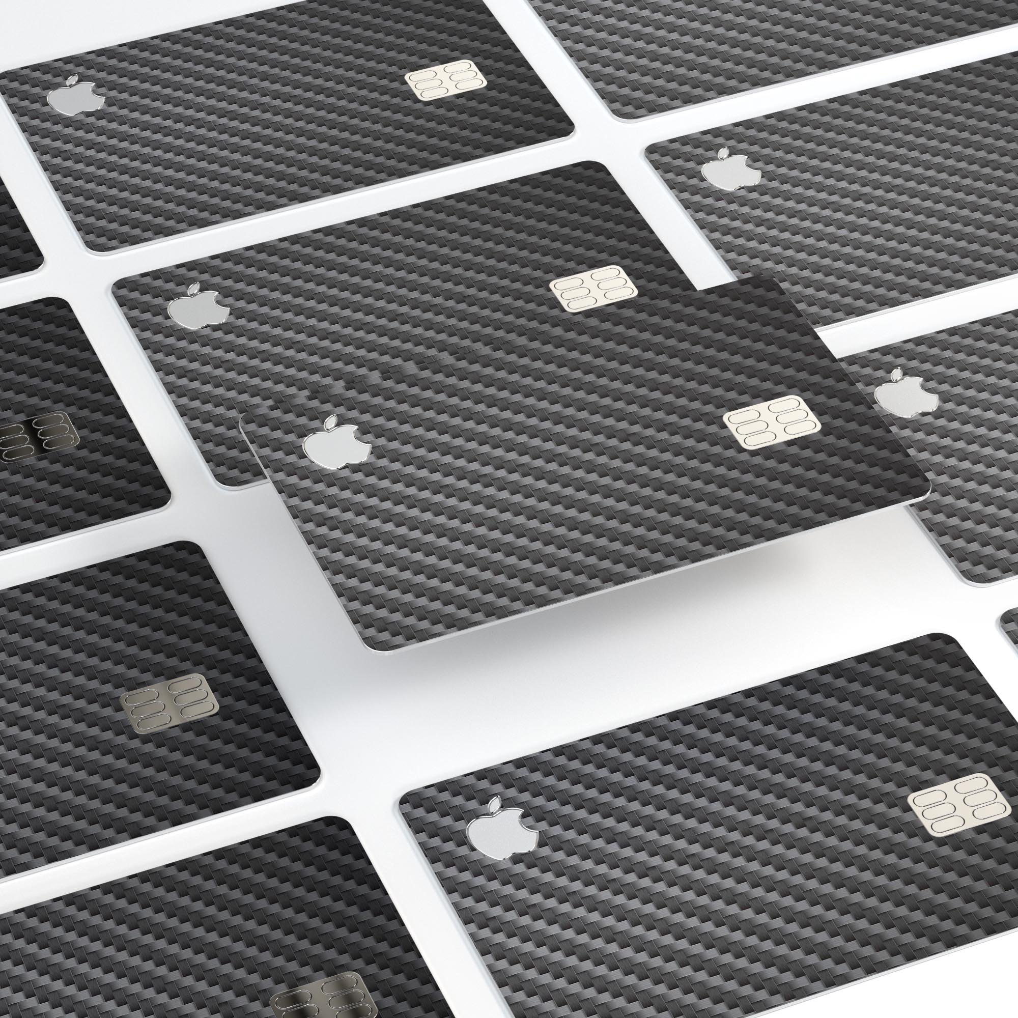 Textured black carbon fiber decal skin-kit for Apple Card, showcasing its premium finish and protective features.