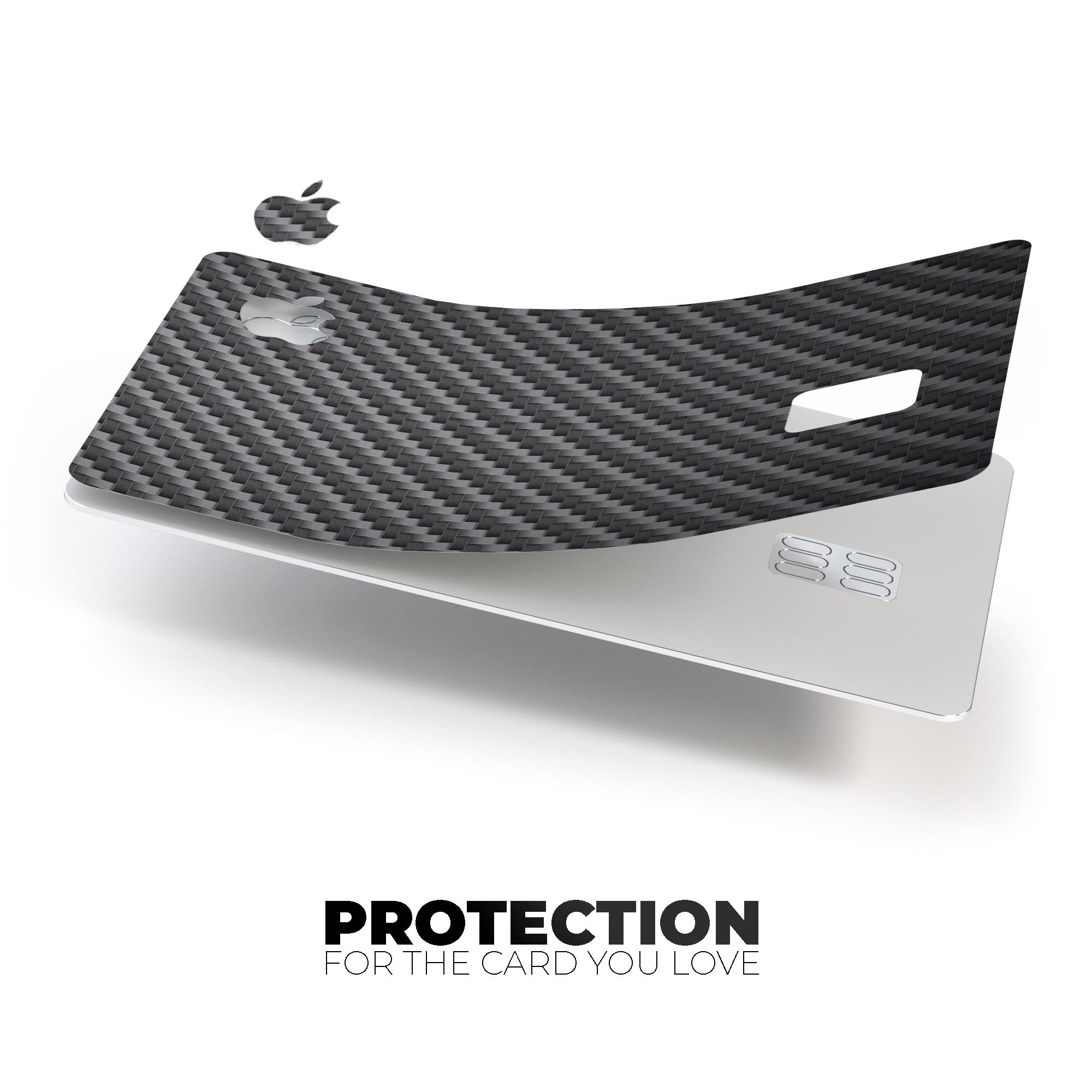 Textured black carbon fiber decal skin-kit for Apple Card, showcasing its premium finish and protective features.