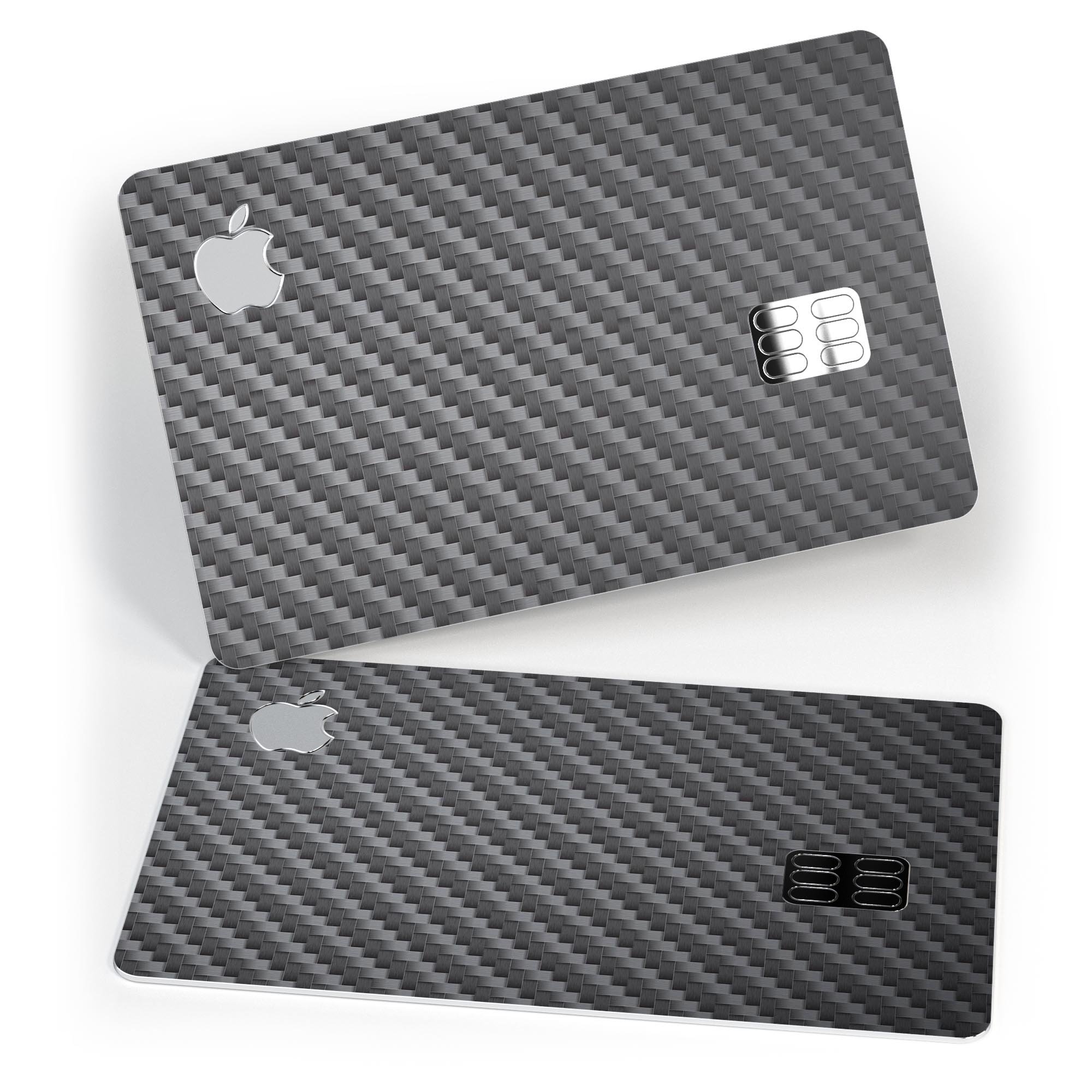 Textured black carbon fiber decal skin-kit for Apple Card, showcasing its premium finish and protective features.