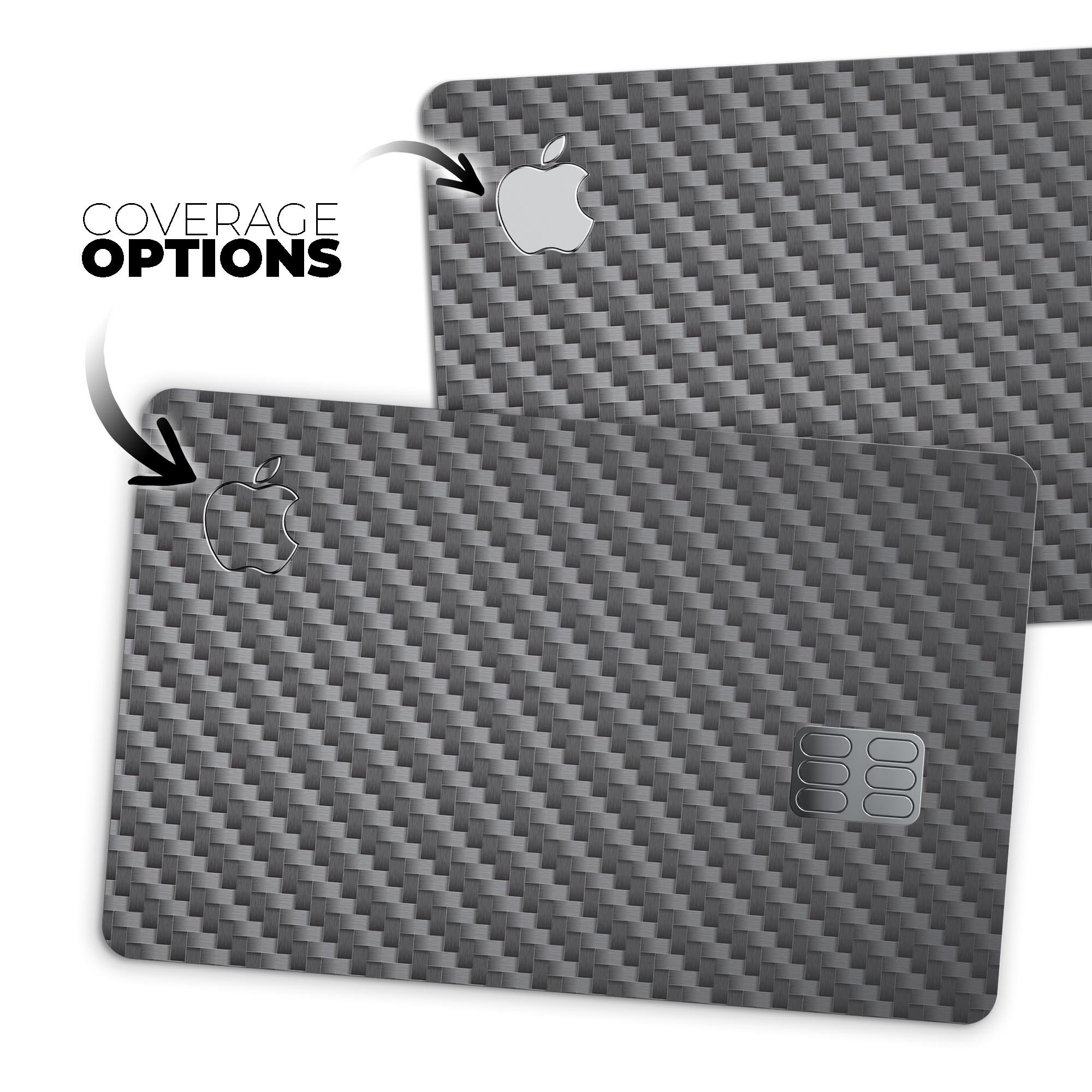 Textured black carbon fiber decal skin-kit for Apple Card, showcasing its premium finish and protective features.