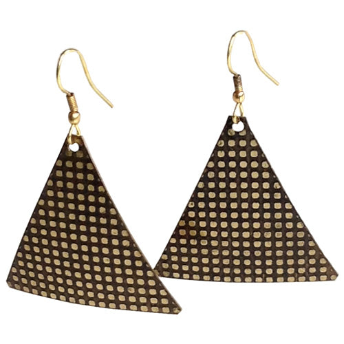 A pair of eco-friendly Textures Metal Triangular Earrings made from recycled metals, showcasing a unique triangular design.