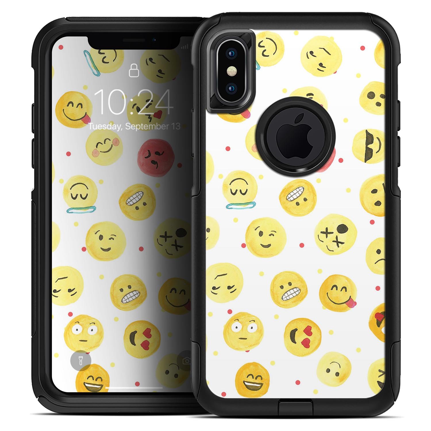 Colorful All Over Emoji Pattern Skin Kit for iPhone OtterBox cases, showcasing vibrant emojis on a sleek design.