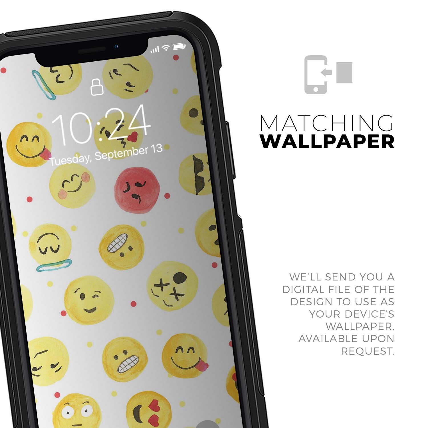 Colorful All Over Emoji Pattern Skin Kit for iPhone OtterBox cases, showcasing vibrant emojis on a sleek design.