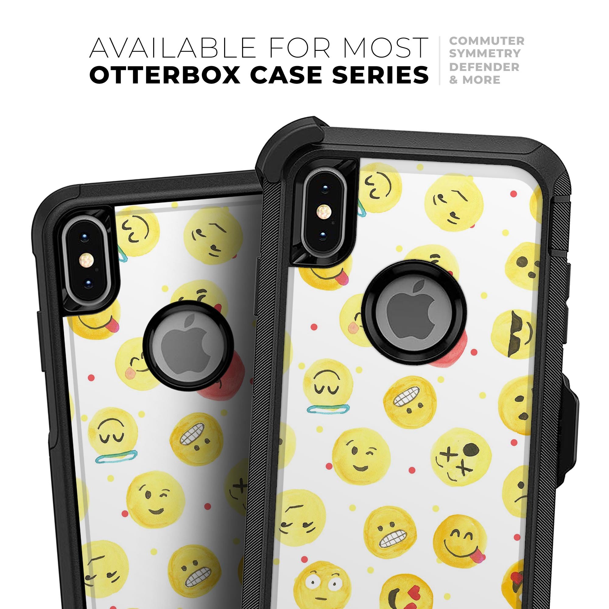 Colorful All Over Emoji Pattern Skin Kit for iPhone OtterBox cases, showcasing vibrant emojis on a sleek design.