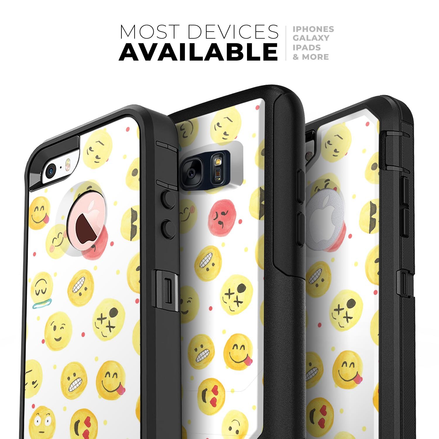 Colorful All Over Emoji Pattern Skin Kit for iPhone OtterBox cases, showcasing vibrant emojis on a sleek design.