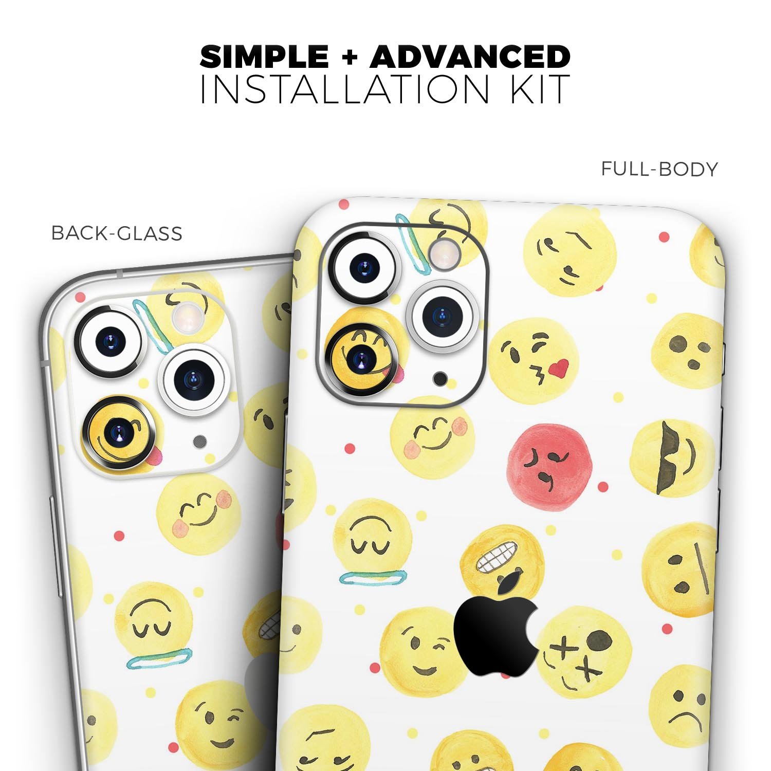 All Over Emoji Pattern Skin-Kit for Apple iPhone, showcasing vibrant emoji designs on a sleek vinyl surface.