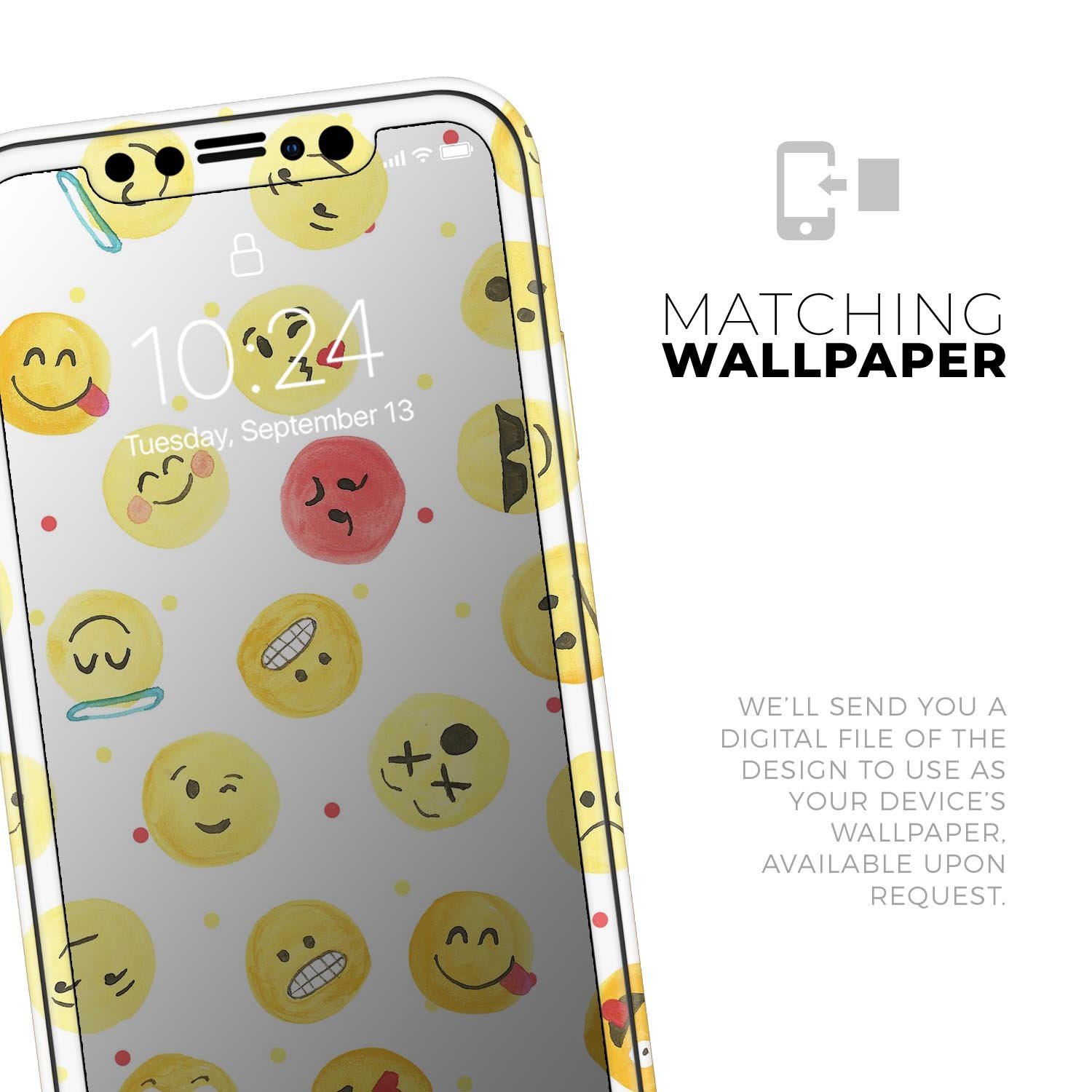 All Over Emoji Pattern Skin-Kit for Apple iPhone, showcasing vibrant emoji designs on a sleek vinyl surface.