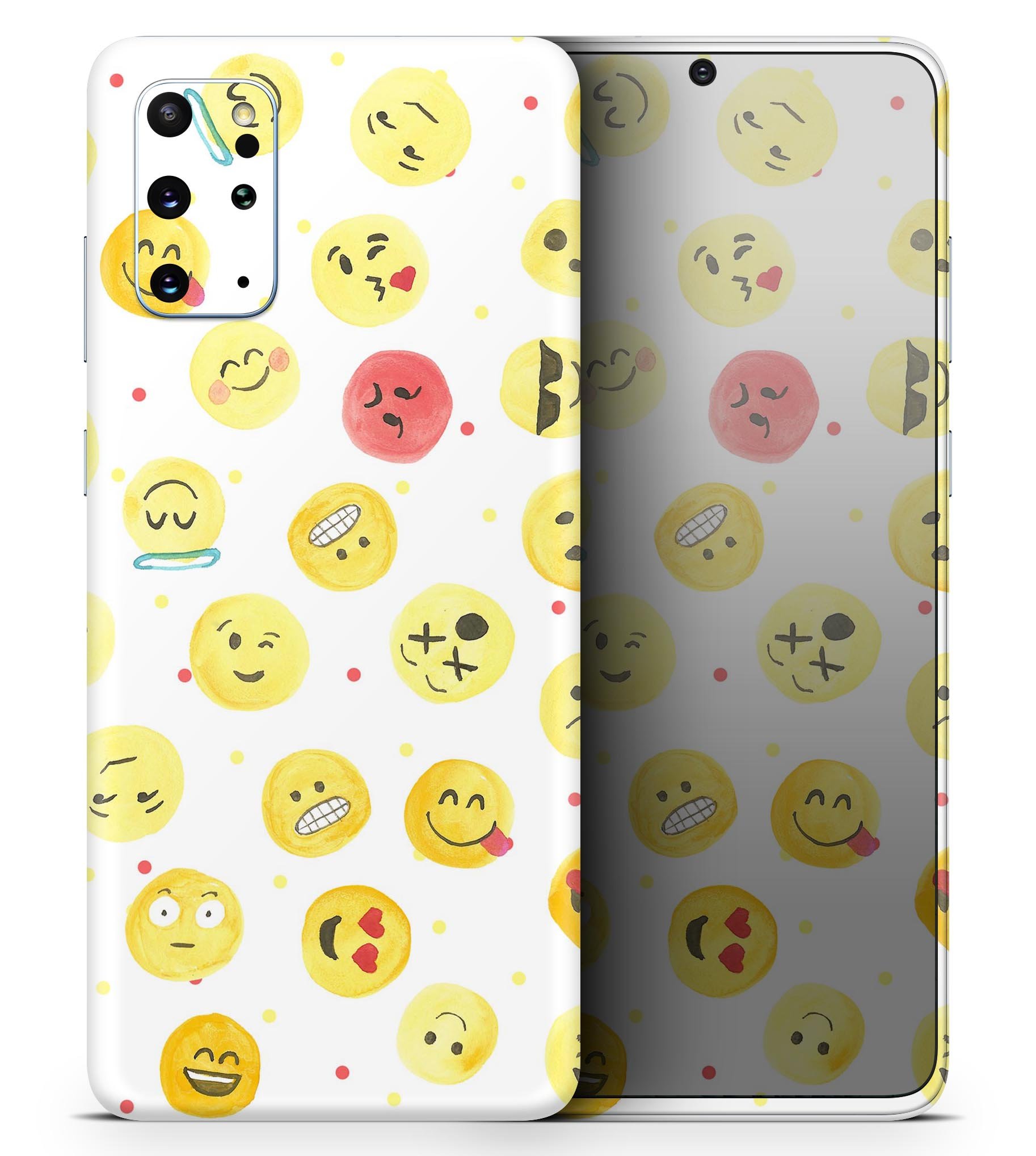 Samsung Galaxy S20 with All Over Emoji Pattern Skin-Kit, showcasing vibrant emoji designs on a sleek device.