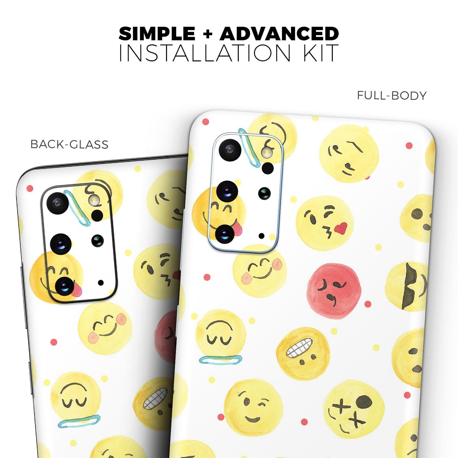 Samsung Galaxy S20 with All Over Emoji Pattern Skin-Kit, showcasing vibrant emoji designs on a sleek device.