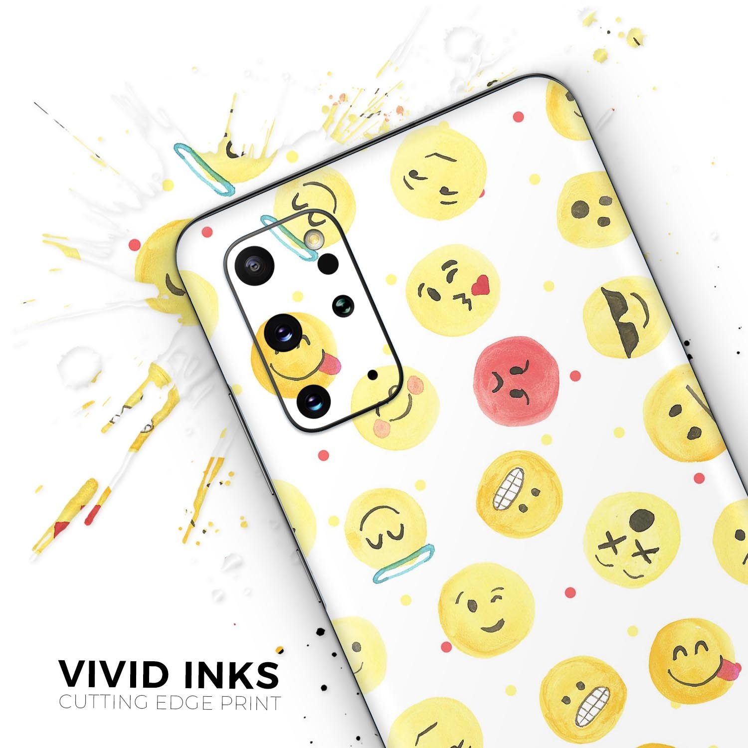 Samsung Galaxy S20 with All Over Emoji Pattern Skin-Kit, showcasing vibrant emoji designs on a sleek device.