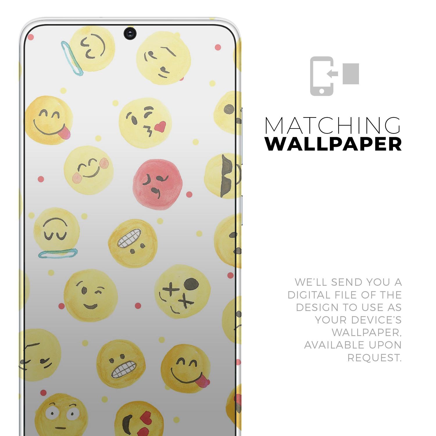 Samsung Galaxy S20 with All Over Emoji Pattern Skin-Kit, showcasing vibrant emoji designs on a sleek device.