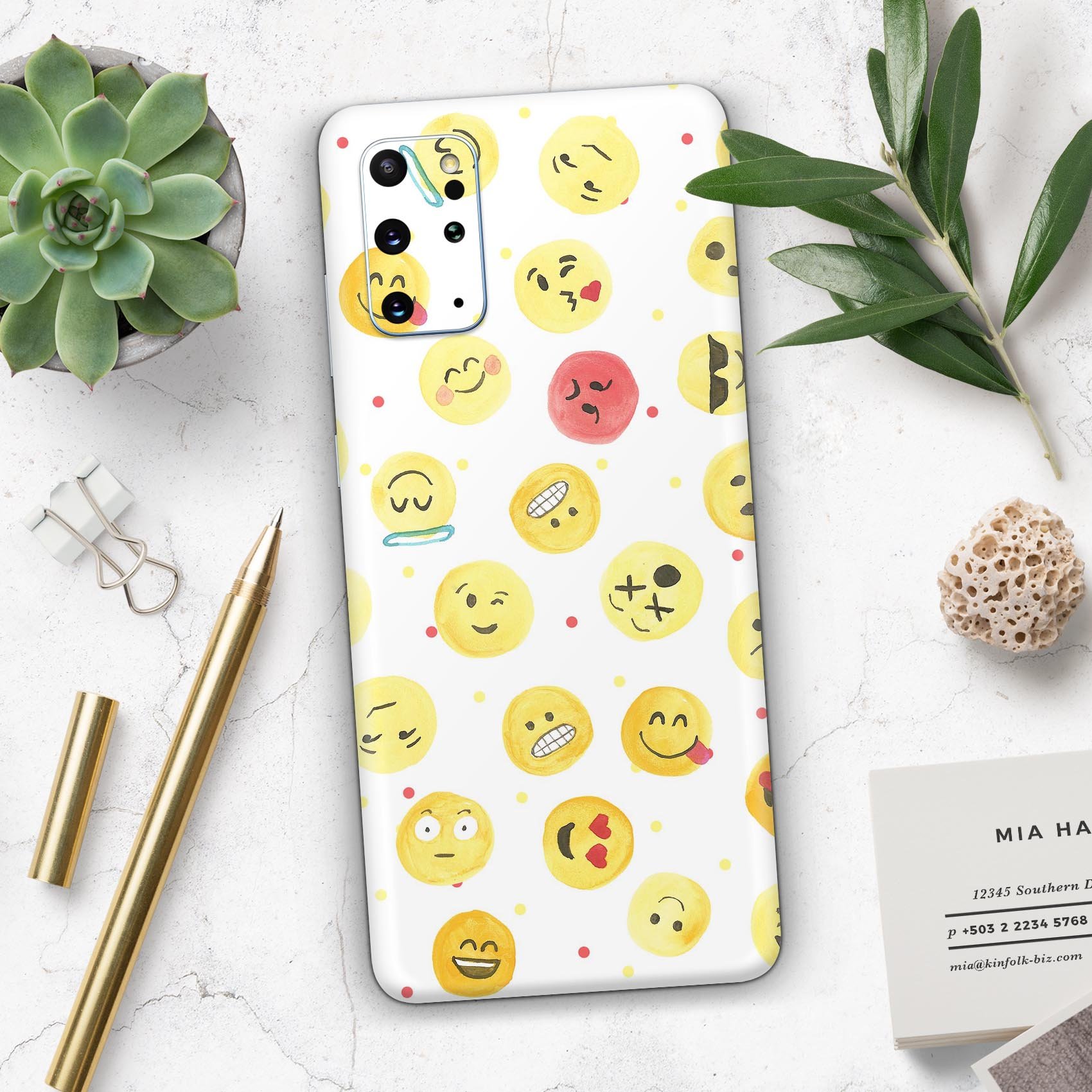 Samsung Galaxy S20 with All Over Emoji Pattern Skin-Kit, showcasing vibrant emoji designs on a sleek device.