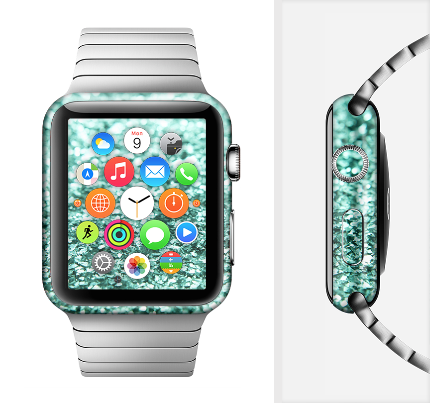 Aqua Green Glimmer Full-Body Skin Kit for Apple Watch, showcasing vibrant color and sleek design.