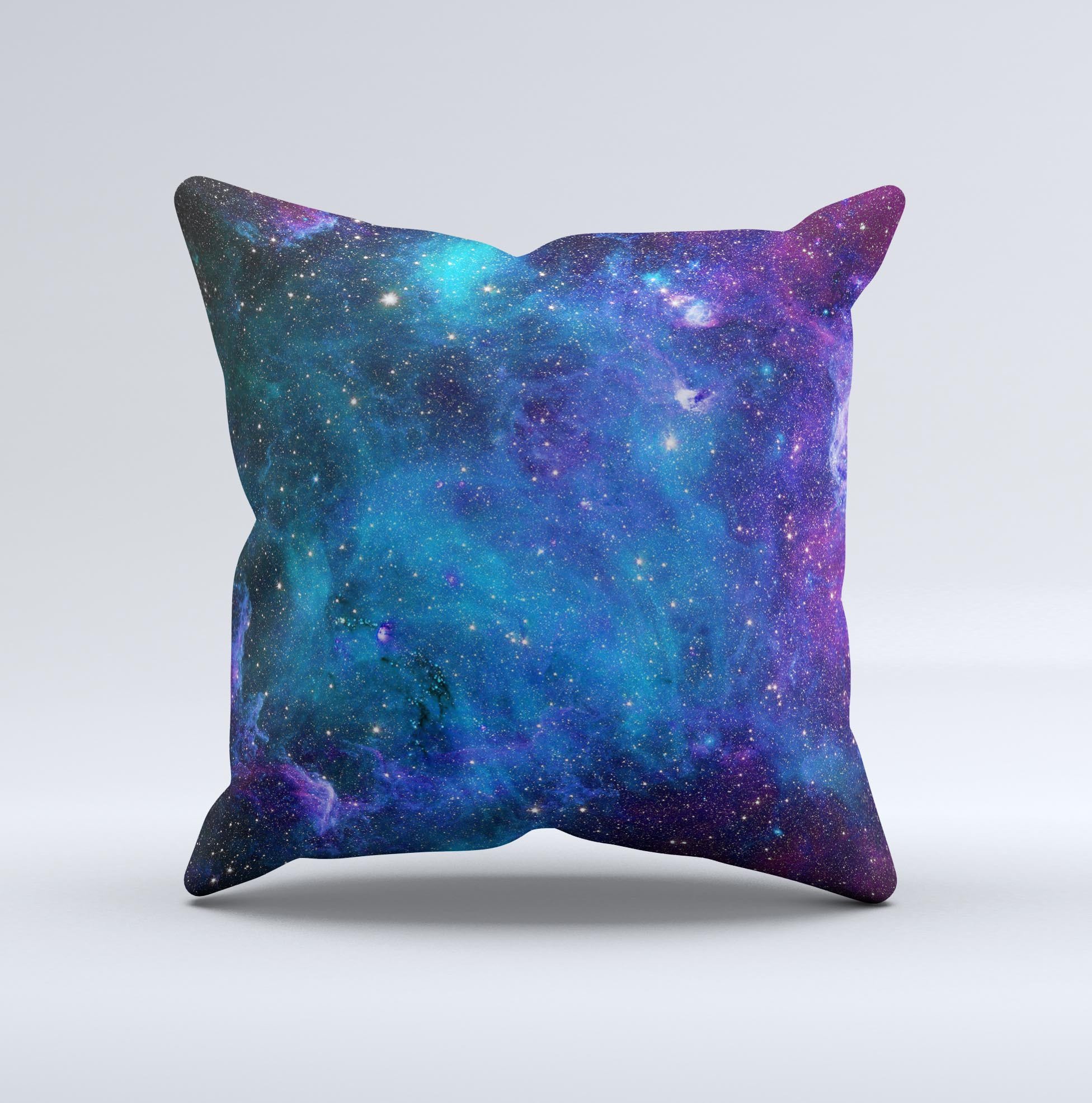 Azure Nebula ink-Fuzed Decorative Throw Pillow showcasing vibrant cosmic design on soft fabric.