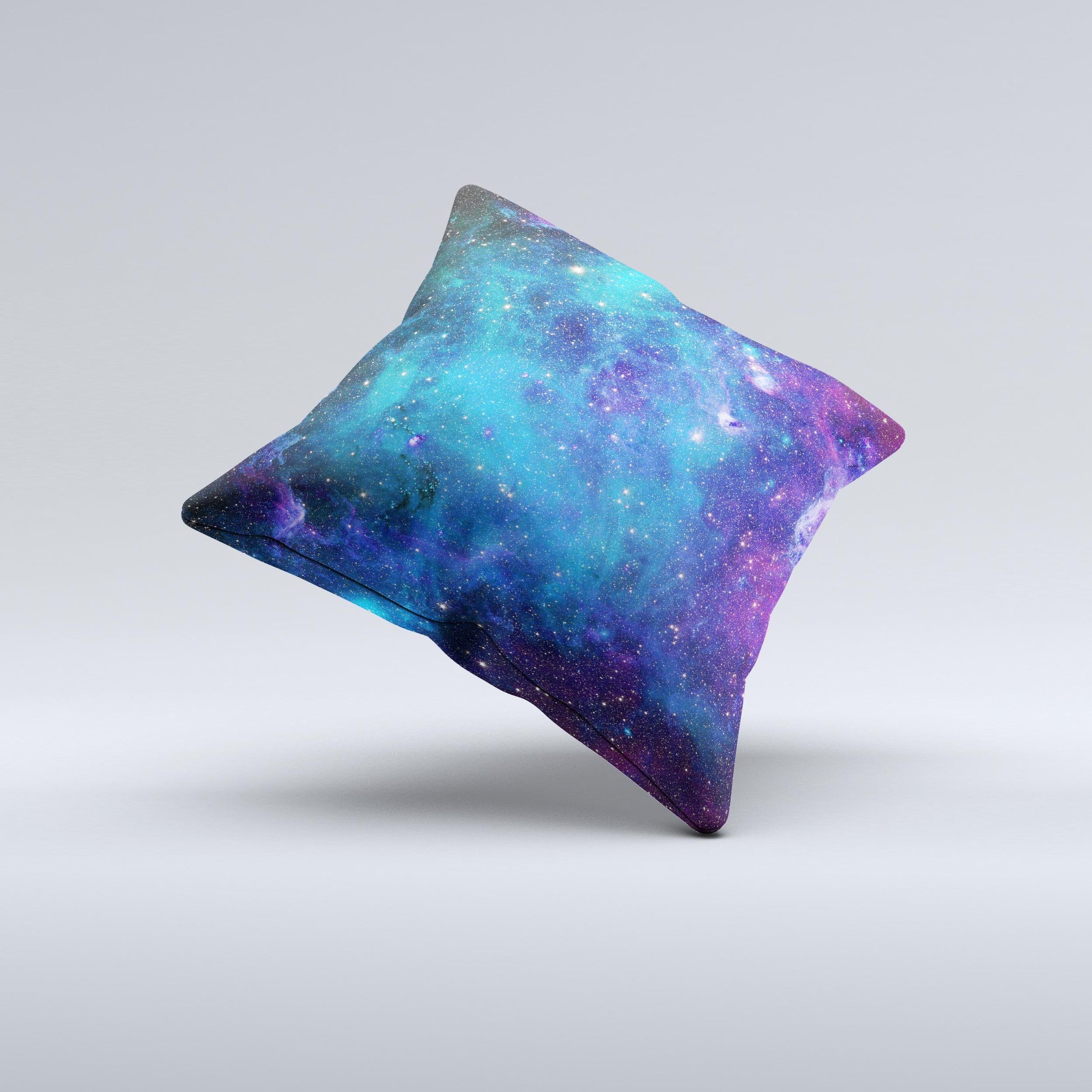 Azure Nebula ink-Fuzed Decorative Throw Pillow showcasing vibrant cosmic design on soft fabric.